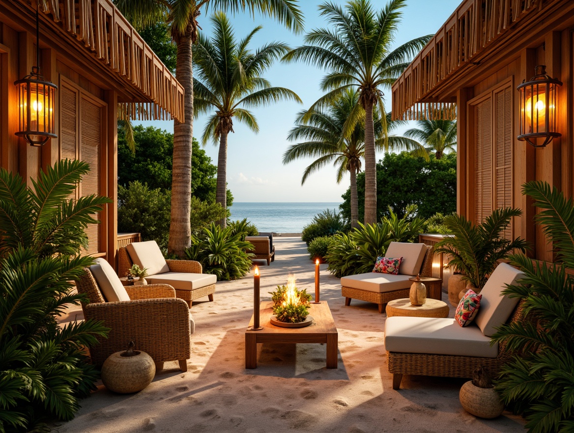 Prompt: Vibrant tropical setting, warm sunny day, soft diffused lighting, natural textures, woven rattan furniture, exotic plants, colorful tiki torches, lantern-style light fixtures, ambient warm glow, shallow depth of field, 1/2 composition, realistic reflections, lush greenery, wooden accents, bamboo details, earthy tone colors, warm beige sand, gentle ocean breeze, calming atmosphere, serene ambiance.