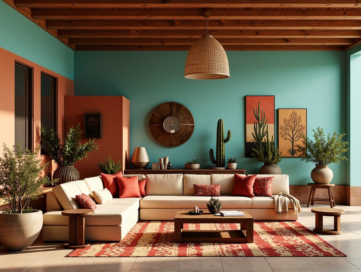 Prompt: Vibrant turquoise accents, earthy terracotta walls, warm beige furniture, rich sienna wood tones, bold red and orange patterned textiles, natural linen fabrics, rustic metal decor, desert botanicals, cacti arrangements, warm golden lighting, shallow depth of field, 2/3 composition, realistic textures, ambient occlusion.