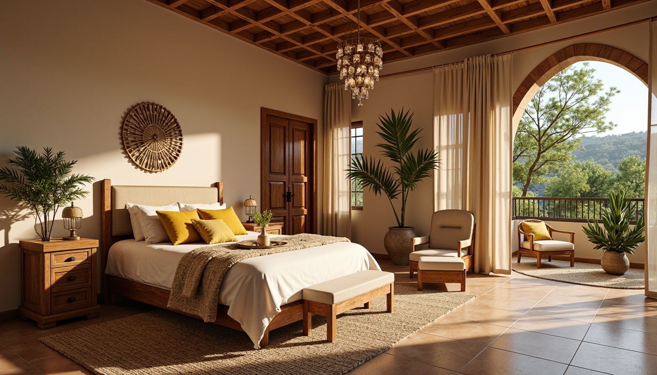 Prompt: Cozy Mediterranean bedroom, warm beige walls, plush area rugs, comfortable bedding, soft velvet fabrics, gentle linen textures, natural jute fibers, earthy terracotta tones, creamy whites, sunny yellow accents, rustic wooden furniture, distressed finishes, ornate metalwork, intricate tile patterns, Moroccan-inspired motifs, lush greenery, potted plants, warm ambient lighting, shallow depth of field, 3/4 composition, realistic textures.