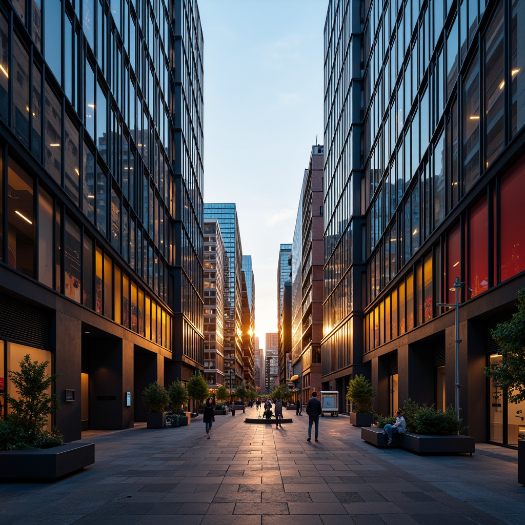 Prompt: Intricate geometric patterns, futuristic architecture, sleek metal buildings, angular lines, minimalist design, functional aesthetics, modern urban landscape, cityscape at dusk, warm golden lighting, shallow depth of field, 1/1 composition, symmetrical reflection, abstract shapes, vibrant colorful accents, bold typography, industrial materials, polished concrete floors, dynamic spatial arrangement, ambient occlusion.