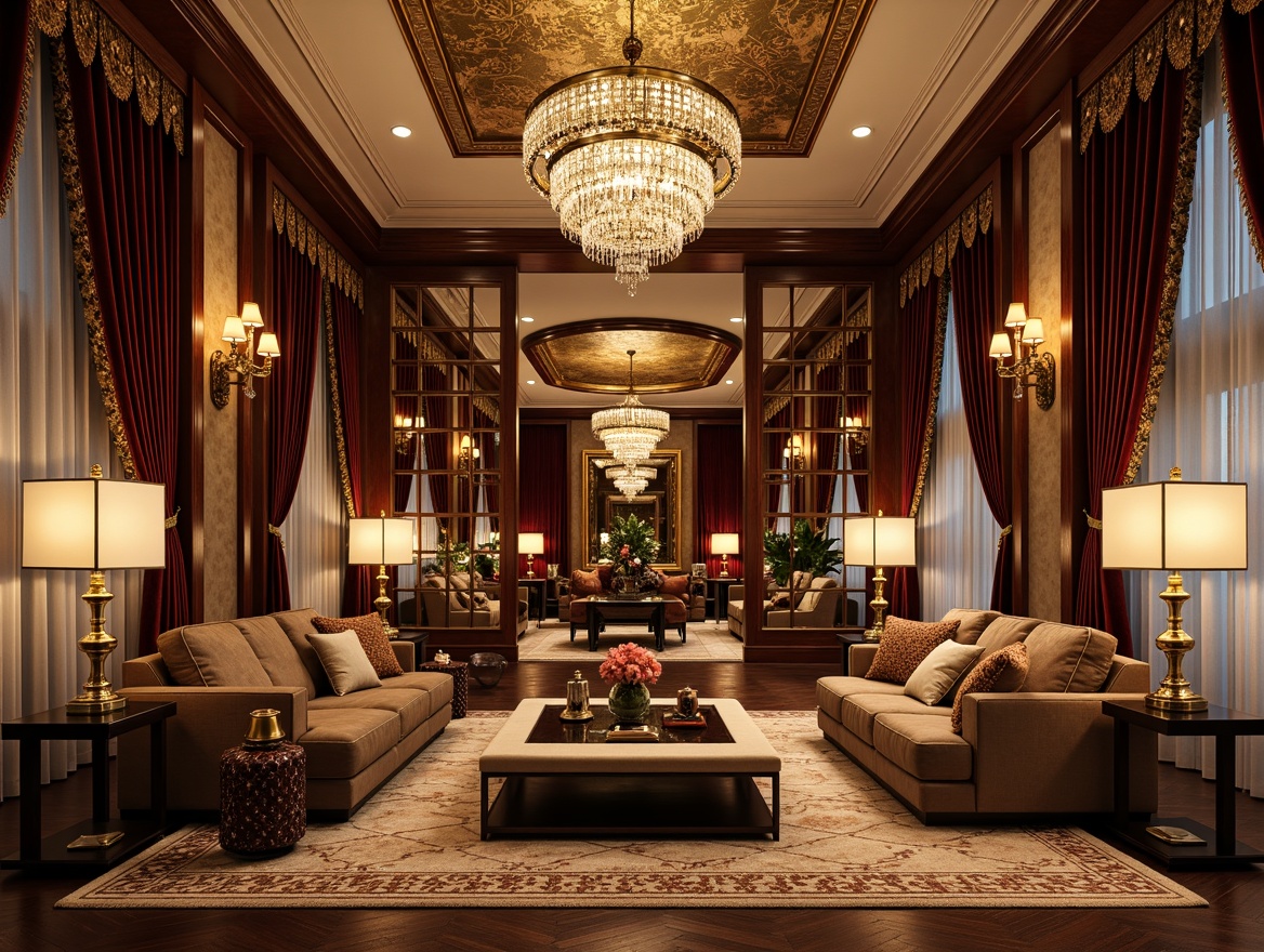 Prompt: Opulent living room, Art Deco style, luxurious furnishings, ornate mirrors, geometric patterns, metallic accents, velvet drapes, crystal chandeliers, sconce lighting, table lamps, floor lamps, bronze fixtures, frosted glass shades, beaded fringe trim, lavish textiles, rich wood tones, high-gloss finishes, dramatic ceiling treatments, grandiose proportions, warm golden lighting, soft shadows, 1/2 composition, realistic reflections, subtle ambient occlusion.