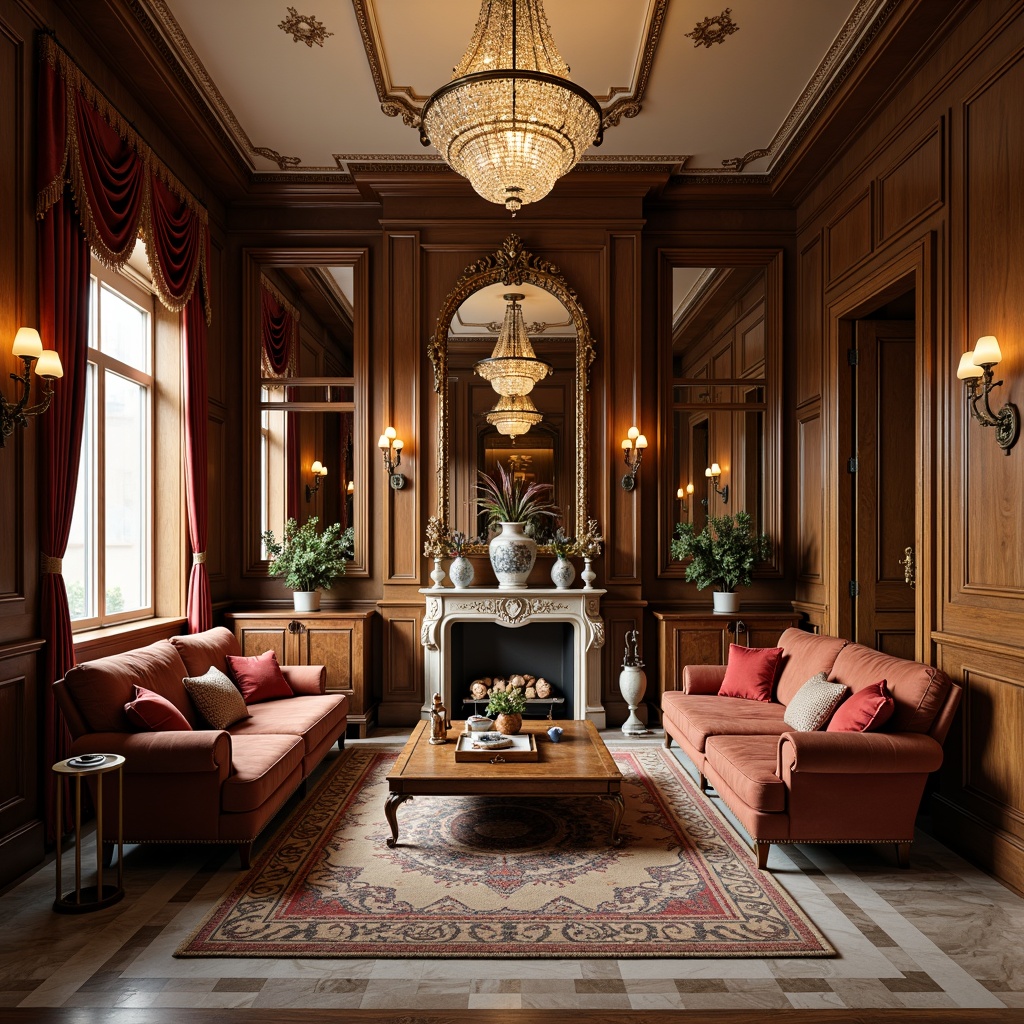 Prompt: Opulent traditional living room, rich wood tones, intricately carved furniture, plush velvet upholstery, ornate mirrors, crystal chandeliers, lavish drapery, antique vases, polished marble floors, warm golden lighting, soft focus, shallow depth of field, 1/1 composition, realistic textures, ambient occlusion.