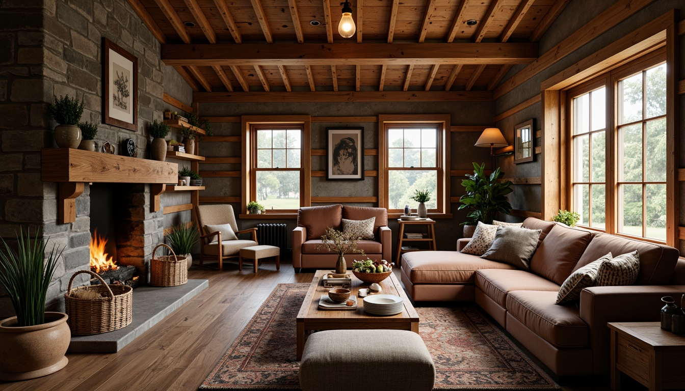 Prompt: Cozy cabin, wooden accents, earthy tones, stone fireplaces, plush furnishings, woven baskets, natural fabrics, vintage decorations, reclaimed wood walls, exposed beams, rustic metal lighting, soft warm glow, inviting atmosphere, shallow depth of field, 2/3 composition, intimate setting, realistic textures, ambient occlusion.