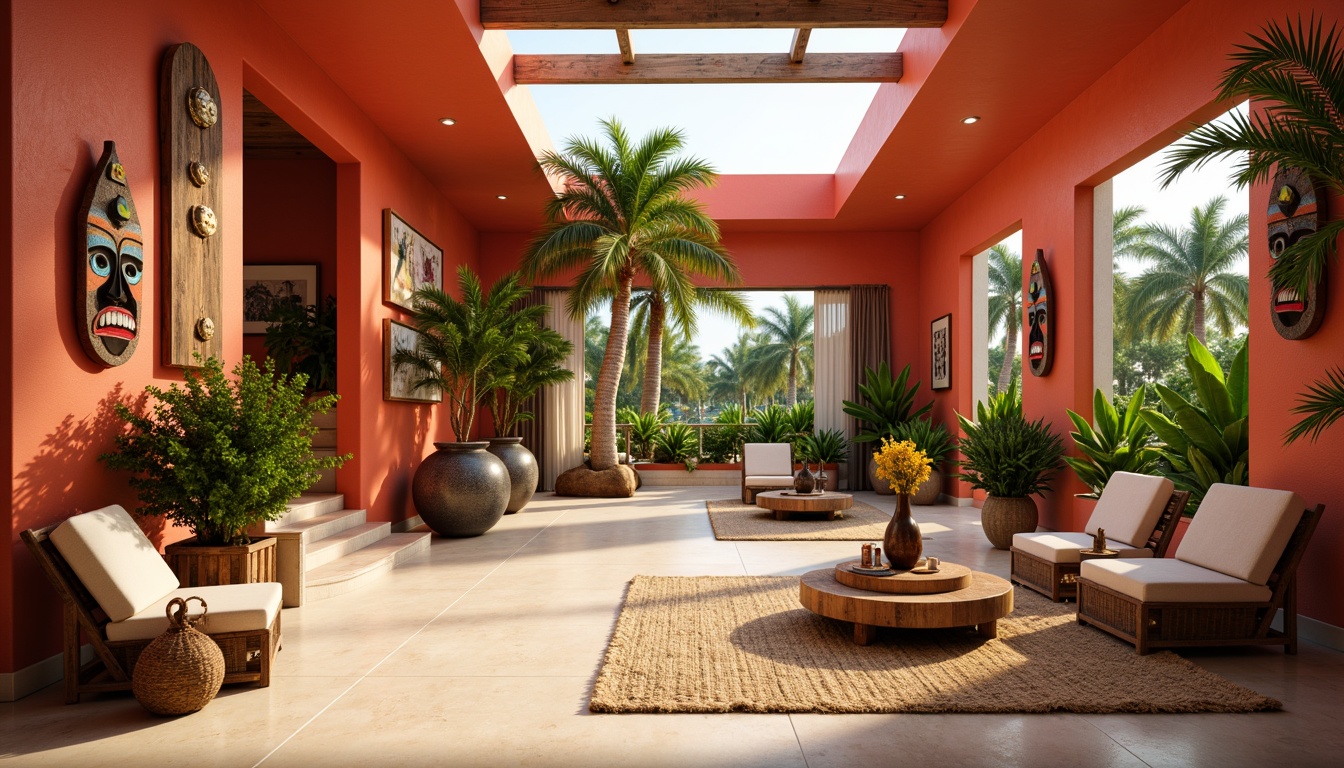 Prompt: Vibrant tropical interior, bright coral walls, lush green palm trees, warm beige flooring, exotic wood accents, colorful tiki masks, woven rattan furniture, natural jute rugs, sunny skylights, soft warm lighting, shallow depth of field, 3/4 composition, panoramic view, realistic textures, ambient occlusion.