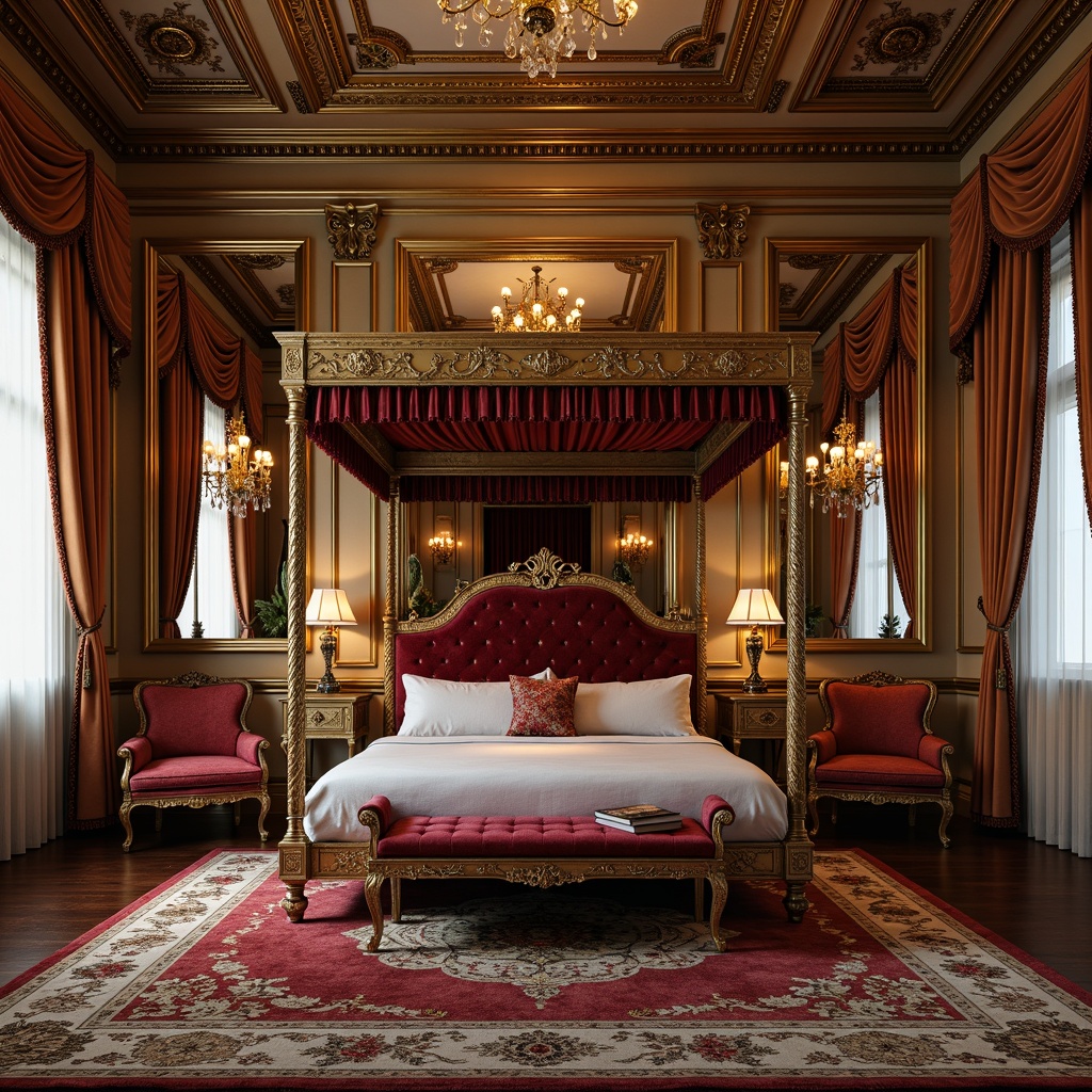 Prompt: Ornate golden frames, velvet upholstery, intricately carved wooden legs, luxurious fabrics, gilded accents, ornamental mirrors, crystal chandeliers, lavish drapery, richly patterned rugs, majestic four-poster beds, opulent armoires, antique bronze hardware, regal throne-like chairs, grandiose canopy, warm candlelight, soft warm colors, 1/1 composition, shallow depth of field, realistic textures.