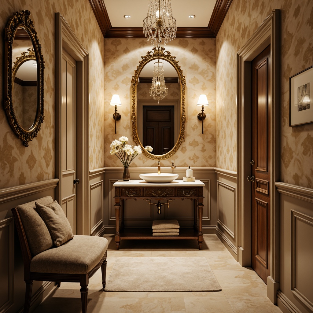 Prompt: Elegant powder room, soft warm lighting, ornate mirrors, luxurious wallcoverings, subtle texture, metallic accents, ornamental moldings, delicate trims, statement wallpaper, bold geometric patterns, sophisticated color palette, rich velvet fabrics, antique furniture pieces, lavish decorations, crystal chandeliers, refined ambiance, intimate setting, 1/1 composition, shallow depth of field, warm beige tones, soft focus.