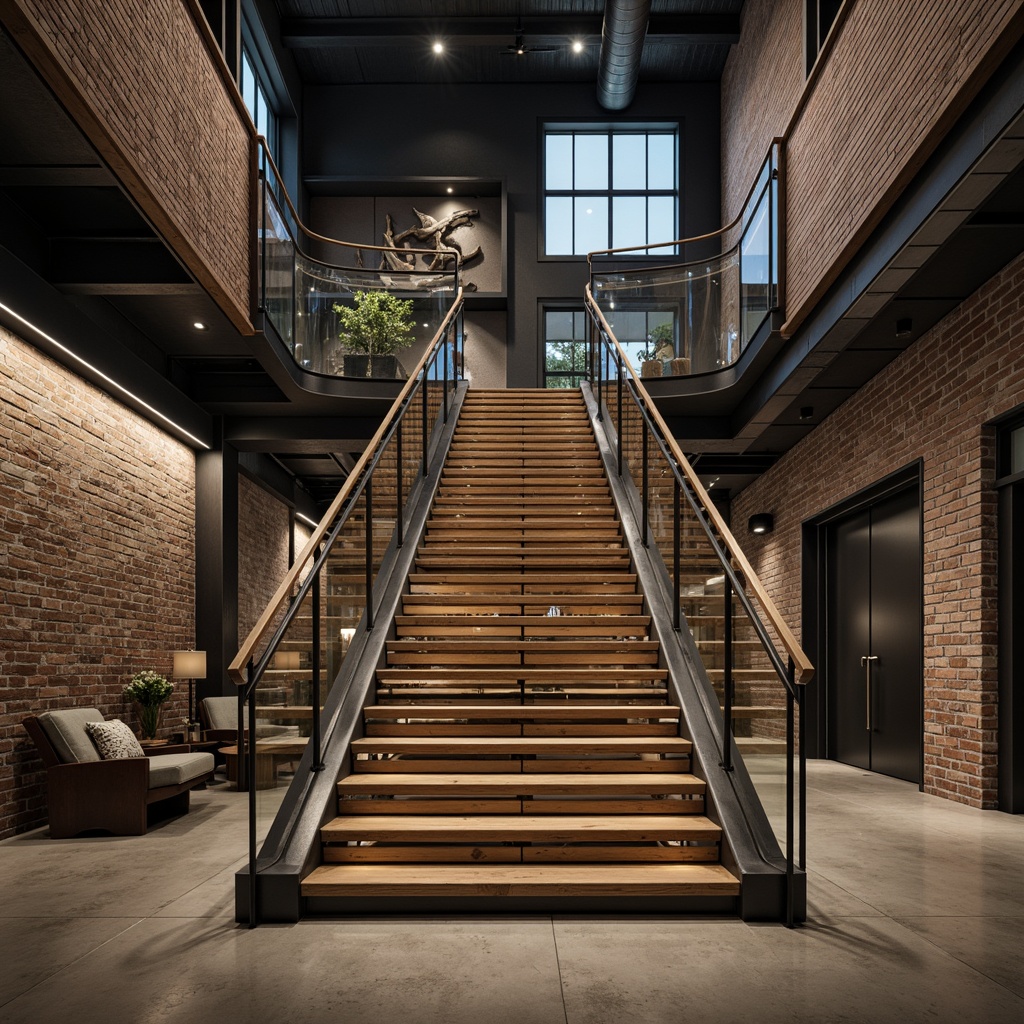 Prompt: Sleek modern staircase, minimalist handrails, stainless steel balusters, wooden treads, glass panels, LED lighting strips, ambient glow, futuristic aesthetic, curved lines, geometric patterns, industrial chic, exposed brick walls, polished concrete floors, urban loft atmosphere, dramatic vertical space, cinematic composition, 1/1 aspect ratio, high-contrast rendering, intricate metal details, luxurious textiles, abstract sculptures.