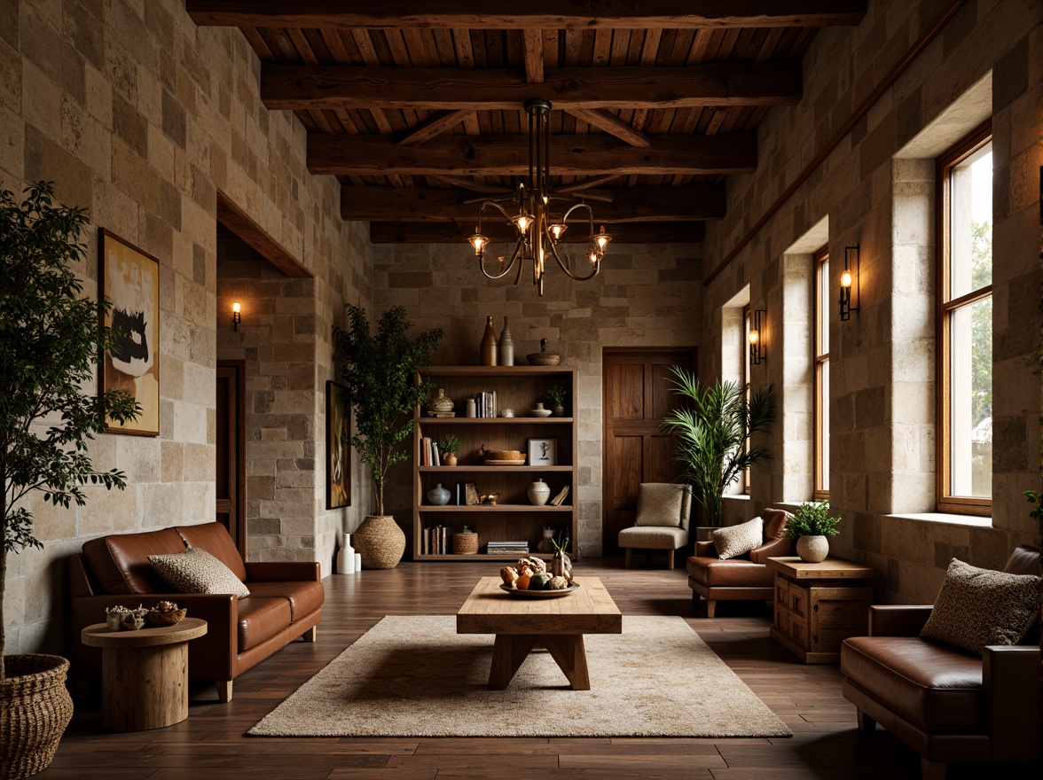 Prompt: Rustic hall interior, reclaimed wood accents, vintage metal lanterns, stone walls, earthy tone color palette, natural fiber textiles, woven baskets, distressed leather furniture, wooden beam ceilings, candlelight ambiance, soft warm lighting, shallow depth of field, 1/1 composition, realistic textures, ambient occlusion.