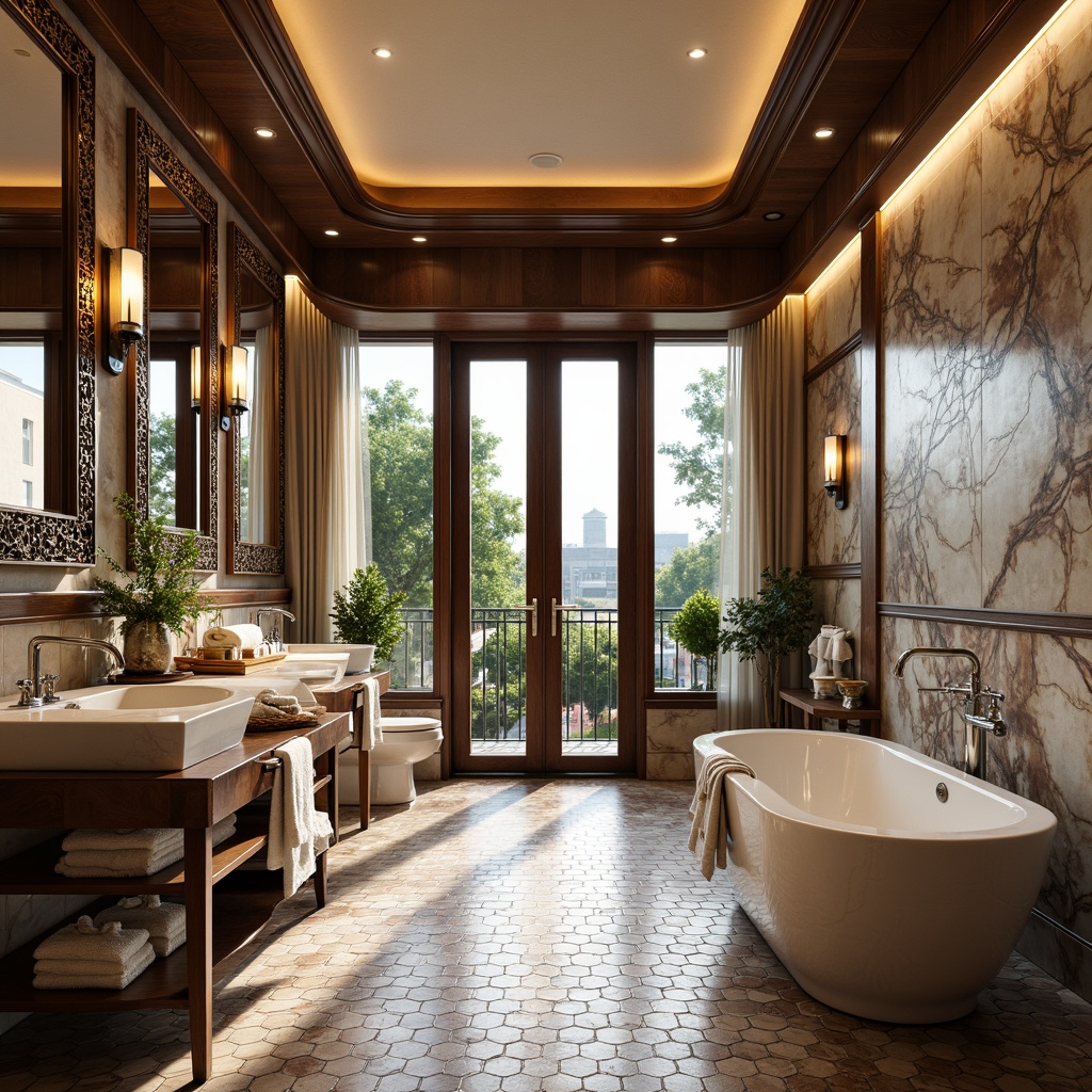 Prompt: Luxurious bathroom, Art Deco style, geometric patterns, metallic accents, marble countertops, vintage faucets, ornate mirrors, decorative lighting fixtures, freestanding tubs, curved lines, bold colors, opulent materials, velvety soft towels, chrome-plated hardware, intricate mosaics, hexagonal tiles, wall-mounted sinks, minimalist toilet designs, floor-to-ceiling windows, natural light, warm ambient glow, 3/4 composition, shallow depth of field, realistic textures.