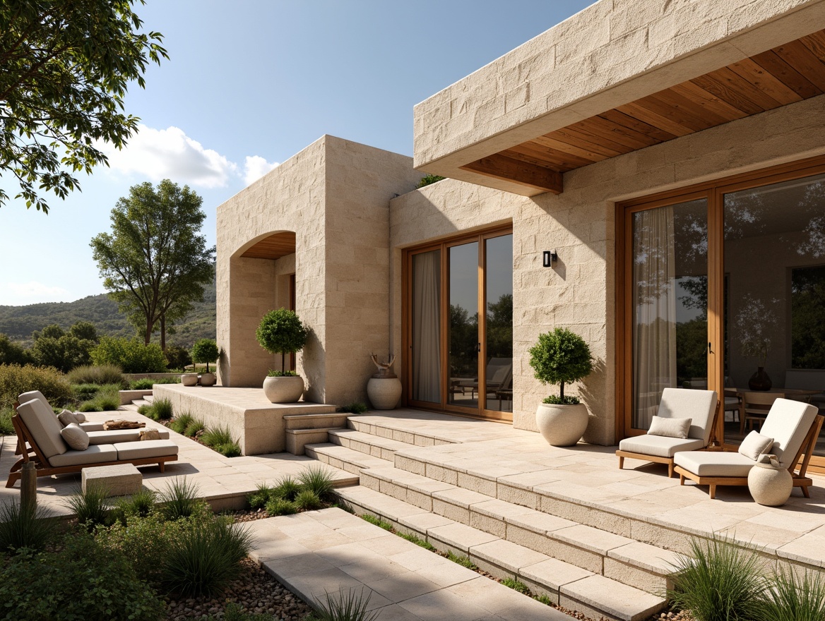 Prompt: Rustic villa, textured walls, earthy tones, natural stone facades, wooden accents, minimalist decor, large windows, sliding glass doors, lush greenery, Mediterranean landscape, sunny day, warm soft lighting, shallow depth of field, 1/2 composition, realistic textures, ambient occlusion, modernist architecture, clean lines, functional simplicity.