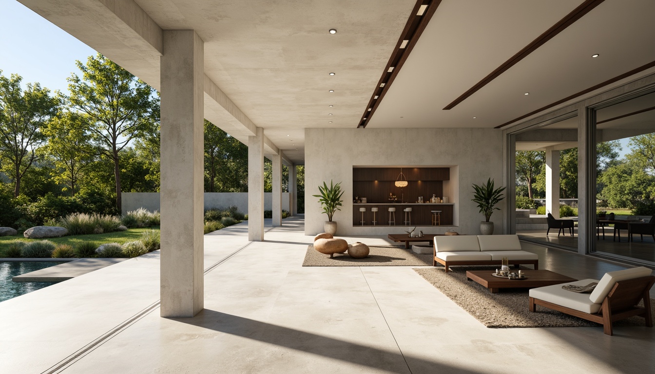 Prompt: Spacious open floor plan, minimalist villa, Bauhaus-inspired architecture, large windows, sliding glass doors, polished concrete floors, industrial-style lighting fixtures, sleek low-profile furniture, minimalist decor, neutral color palette, abundant natural light, airy atmosphere, lush greenery, private courtyard, serene outdoor spaces, warm sunny day, soft diffused lighting, shallow depth of field, 1/1 composition, realistic textures, ambient occlusion.