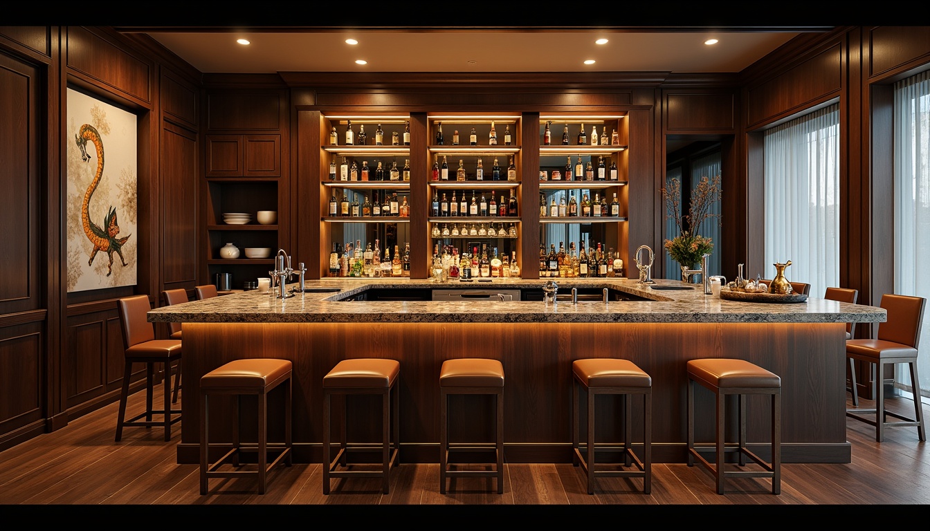 Prompt: Luxurious home bar, rich wood cabinetry, sleek metal accents, ambient warm lighting, polished granite countertops, premium leather stools, wine glass racks, beer tap handles, stainless steel appliances, modern minimalist decor, dark wood flooring, sophisticated color scheme, atmospheric backlighting, shallow depth of field, 1/1 composition, realistic textures.