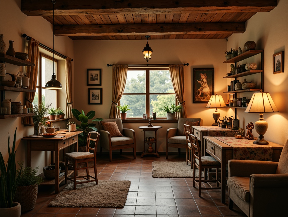 Prompt: Cozy craft room, rustic wooden furniture, soft warm lighting, table lamps with linen shades, floor lamps with burlap covers, pendant lights with distressed metal, warm beige walls, natural stone flooring, woven baskets, vintage sewing machines, floral patterned fabrics, earthy color palette, warm candlelight, shallow depth of field, 1/1 composition, realistic textures, ambient occlusion.