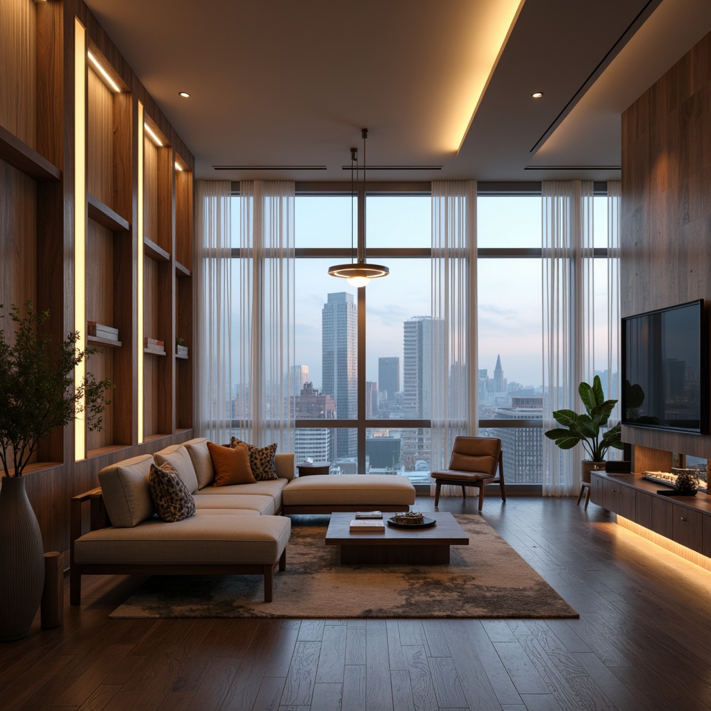 Prompt: Modern apartment interior, sleek lines, minimal ornamentation, neutral color palette, recessed lighting, floor-to-ceiling windows, sheer curtains, ambient warm glow, pendant lamps, LED strips, indirect illumination, textured walls, polished wood floors, luxurious carpets, cozy reading nooks, urban cityscape views, soft morning light, cinematic shallow depth of field, 1/1 composition, realistic materials, subtle color grading.