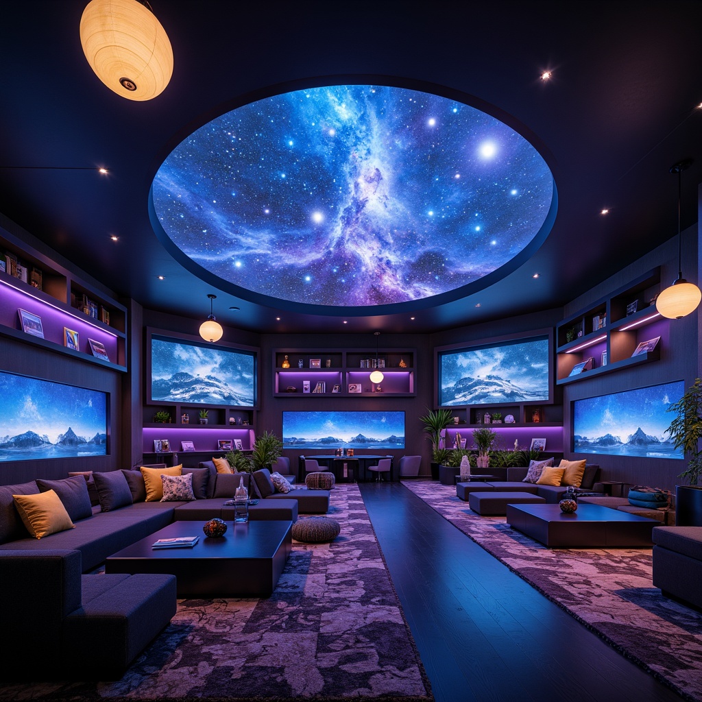 Prompt: Celestial-themed planetarium interior, futuristic furniture design, sleek curved lines, glowing ambient lighting, starry night sky projections, nebula-inspired upholstery, dark blue and purple color scheme, metallic accents, minimalist coffee tables, space-age chairs, spherical pendant lights, cosmic-patterned rugs, 3D-printed decorative elements, LED-lit shelves, zero-gravity-inspired seating areas, panoramic dome-shaped screens, realistic astronomical visuals, soft ethereal music, 1/1 composition, shallow depth of field.