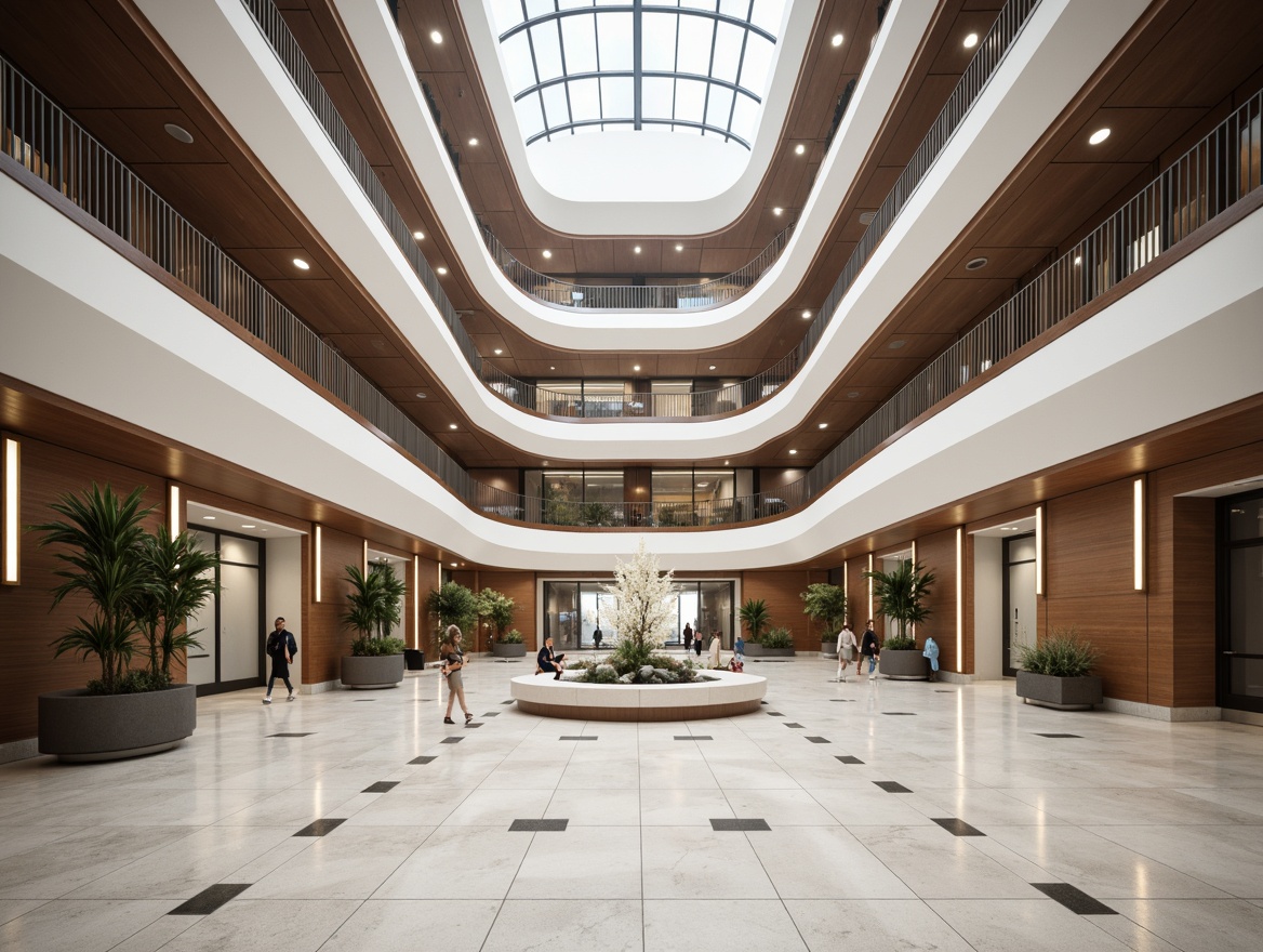 Prompt: Sleek public administration building, curved lines, Art Deco influences, polished chrome accents, luxurious marble floors, rich wood paneling, high-gloss paint finishes, anodized aluminum frames, frosted glass partitions, minimalist typography, bold geometric patterns, sophisticated neutral color palette, abundant natural light, indirect soft lighting, shallow depth of field, 2/3 composition, symmetrical balance, realistic reflections, ambient occlusion.