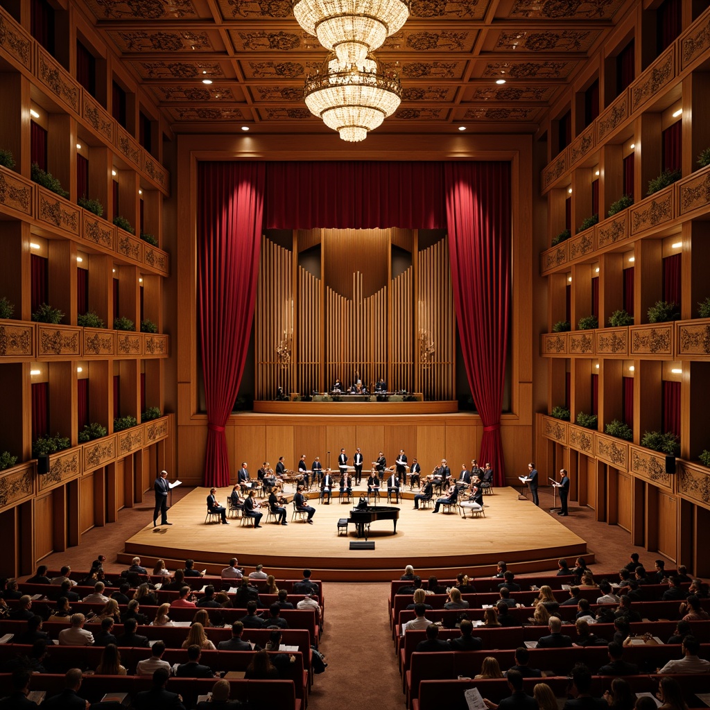 Prompt: Elegant concert hall, rich wood tones, ornate chandeliers, red velvet curtains, grand piano, acoustic panels, soundproofing materials, diffused lighting, intimate setting, warm ambiance, classical music performances, refined audience seating, polished wooden floors, intricate architectural details, high ceilings, symmetrical composition, 1/2 camera angle, soft focus, warm color palette.