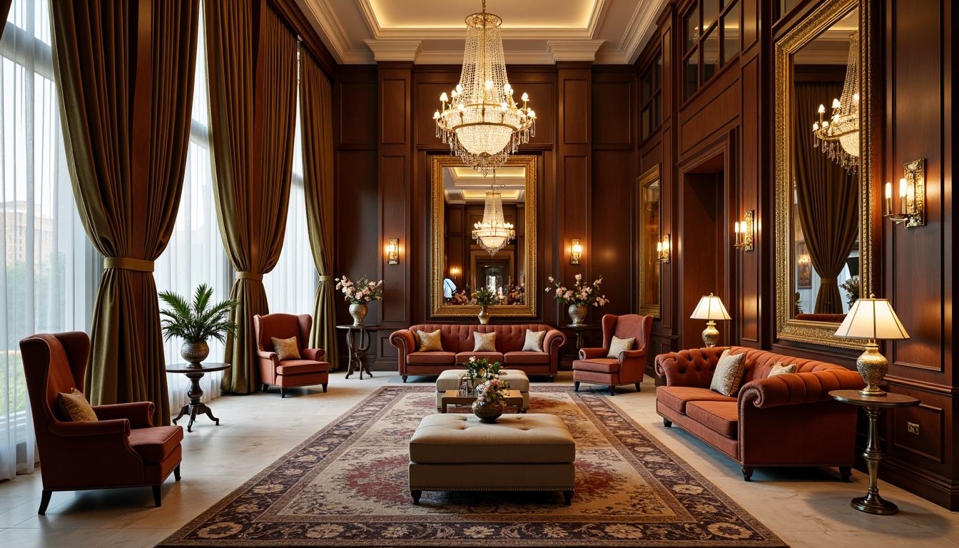 Prompt: Luxurious hotel lobby, ornate mirrors, gilded frames, velvet upholstery, curved lines, intricate carvings, rich wood tones, crystal chandeliers, tufted sofas, ottomans, marble floors, ornamental vases, golden accents, lavish drapery, soft warm lighting, shallow depth of field, 1/1 composition, realistic textures, ambient occlusion.