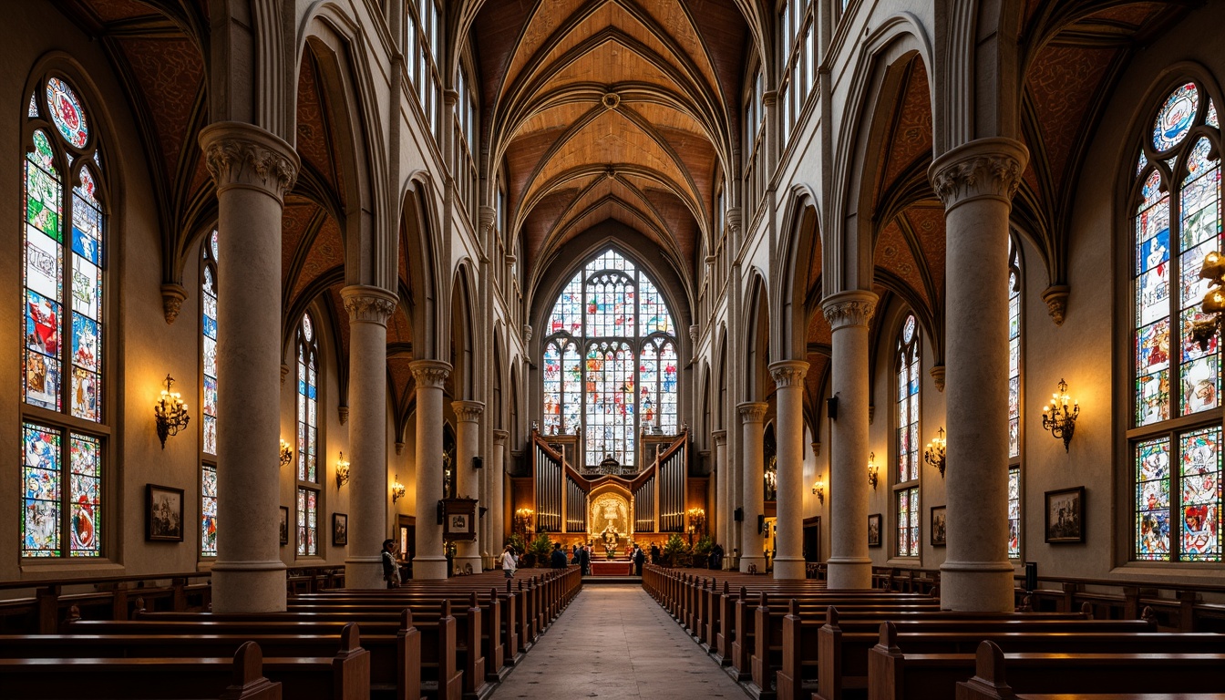 Prompt: Intricate Gothic arches, ornate stone carvings, stunning stained glass windows, grandiose cathedral ceilings, majestic pipe organs, elegant wooden pews, lavish golden accents, ornamental frescoes, delicate floral patterns, vibrant tapestries, serene candlelit atmosphere, soft warm lighting, shallow depth of field, 3/4 composition, realistic textures, ambient occlusion.