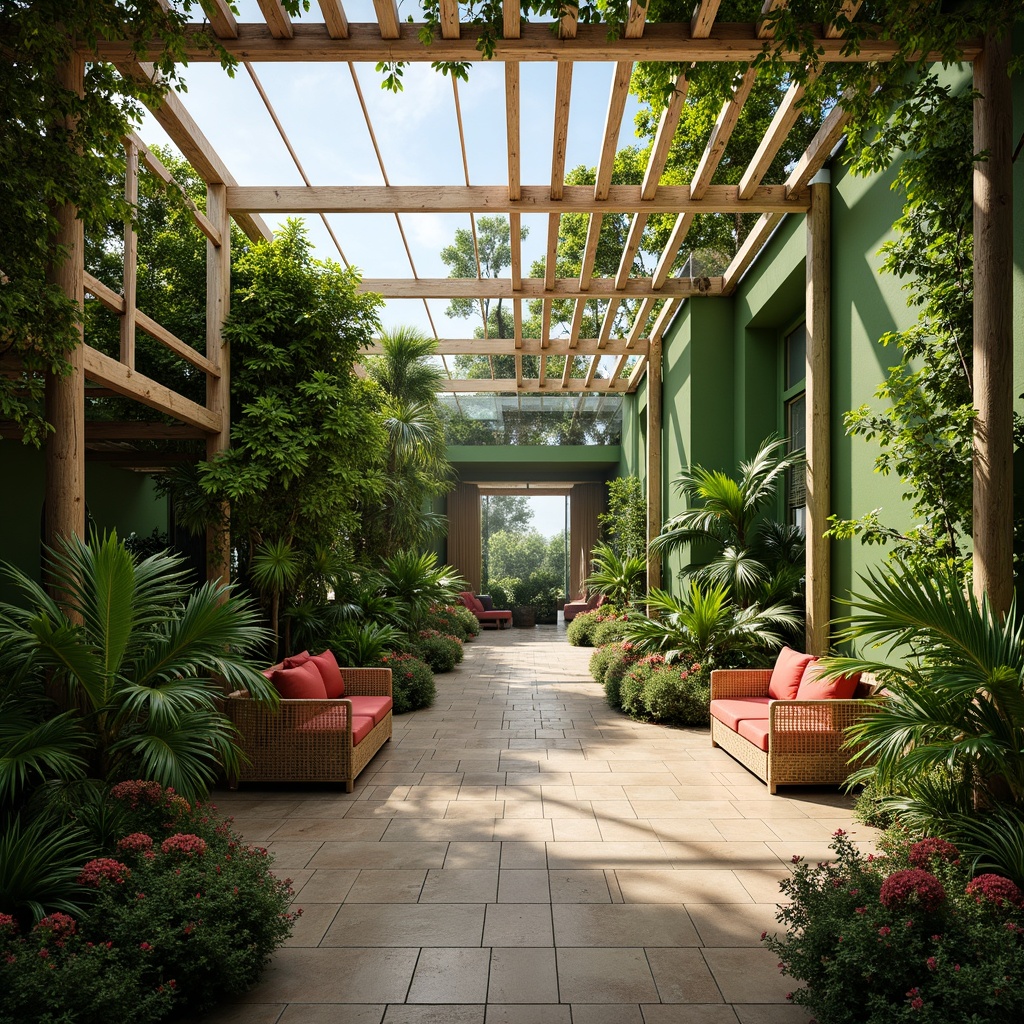 Prompt: Lush tropical plants, exotic flowers, warm humid air, natural stone flooring, wooden trellises, rattan furniture, vibrant green walls, glass roof, soft diffused light, misting system, automated irrigation, serene ambiance, 1/1 composition, shallow depth of field, realistic textures, ambient occlusion.