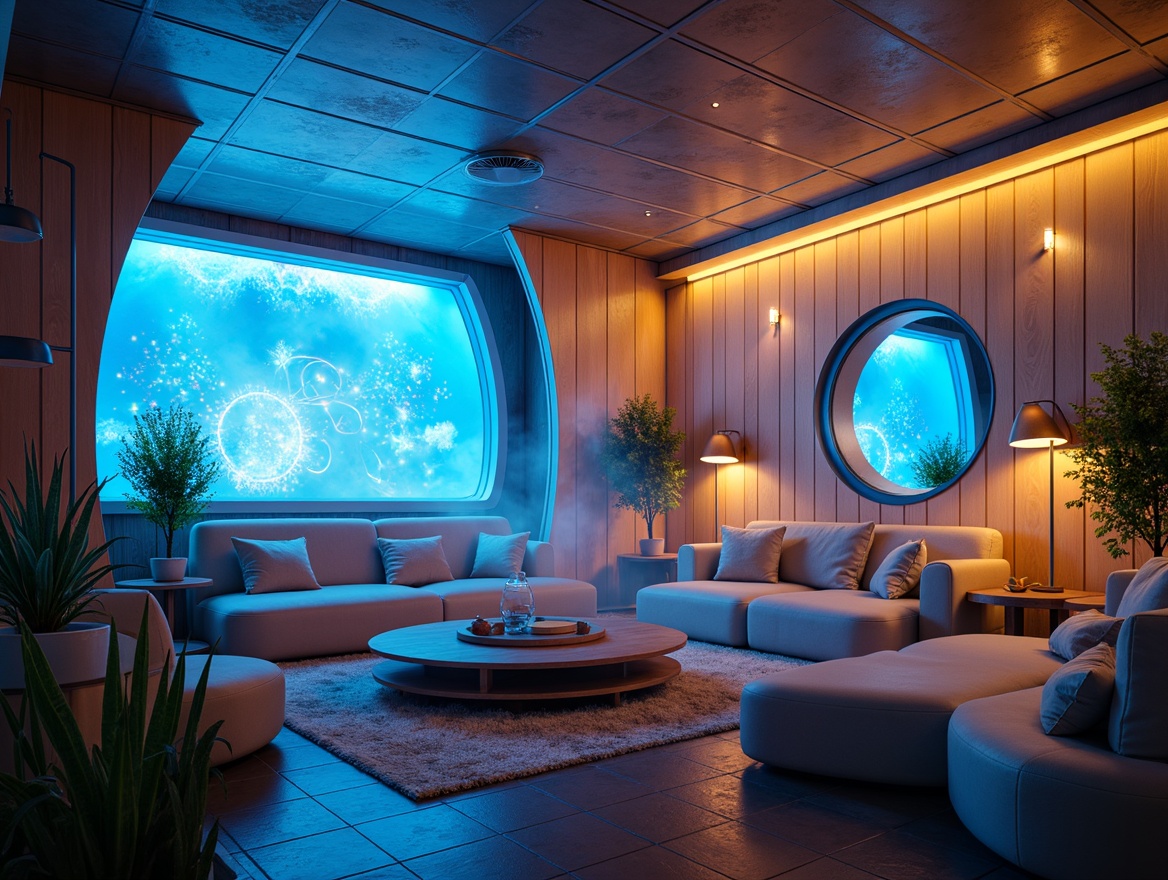 Prompt: Futuristic cozy nook, neon-lit ambiance, electric blue accents, iridescent sheen, metallic silver surfaces, holographic patterns, glowing orbs, soft pulsing lights, ambient fog effects, retro-futuristic decor, sleek curved lines, minimalist furniture, ergonomic design, virtual reality interfaces, cyberpunk-inspired textiles, high-tech gadgets, atmospheric mist, warm golden lighting, shallow depth of field, 1/1 composition, cinematic view.