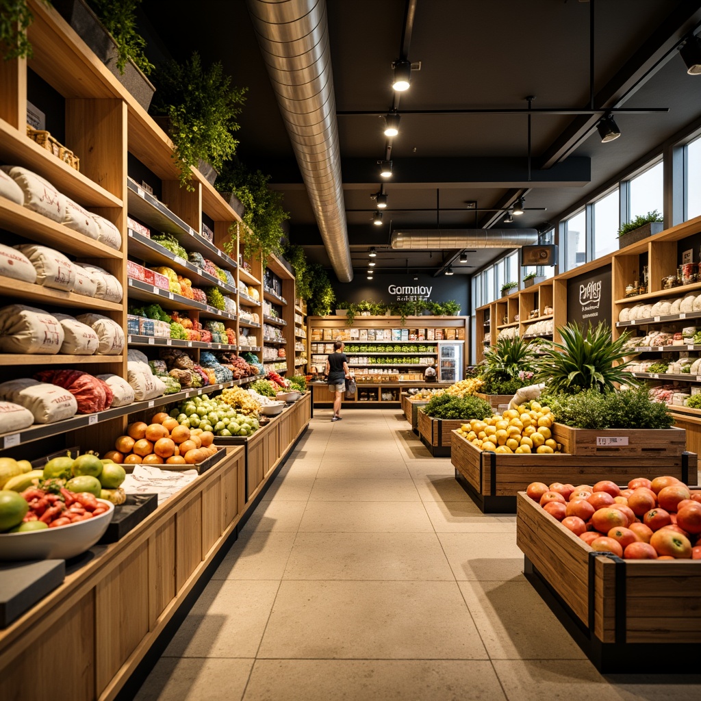 Prompt: \Vibrant grocery store interior, natural wood shelves, earthy tone floors, warm yellow lighting, fresh produce displays, colorful food packaging, modern signage, metal racks, greenery accents, bustling atmosphere, shallow depth of field, 1/2 composition, soft warm lighting, realistic textures, ambient occlusion.\