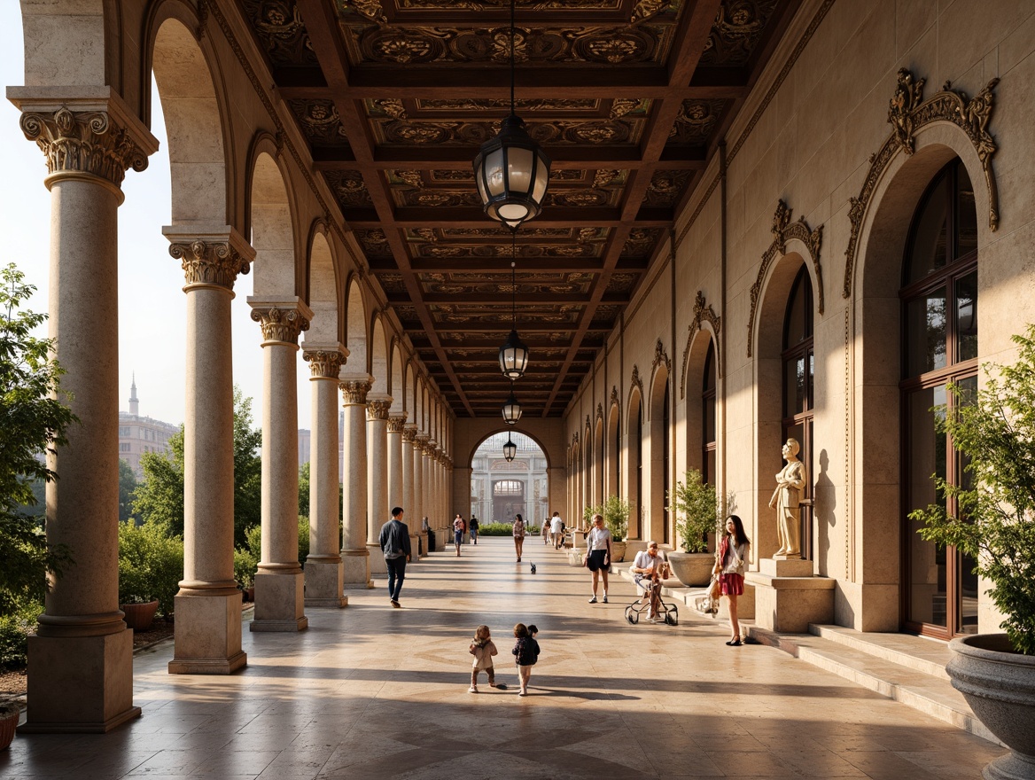 Prompt: Ornate columns, intricately carved capitals, grandiose arches, ornamental cornices, rustic stone textures, warm earthy tones, elegant proportions, symmetrical facades, classical pedestals, lavish decorations, golden accents, subtle lighting effects, shallow depth of field, 1/1 composition, realistic renderings, ambient occlusion, Italian-inspired palaces, grand piazzas, ornate fountains, manicured gardens.