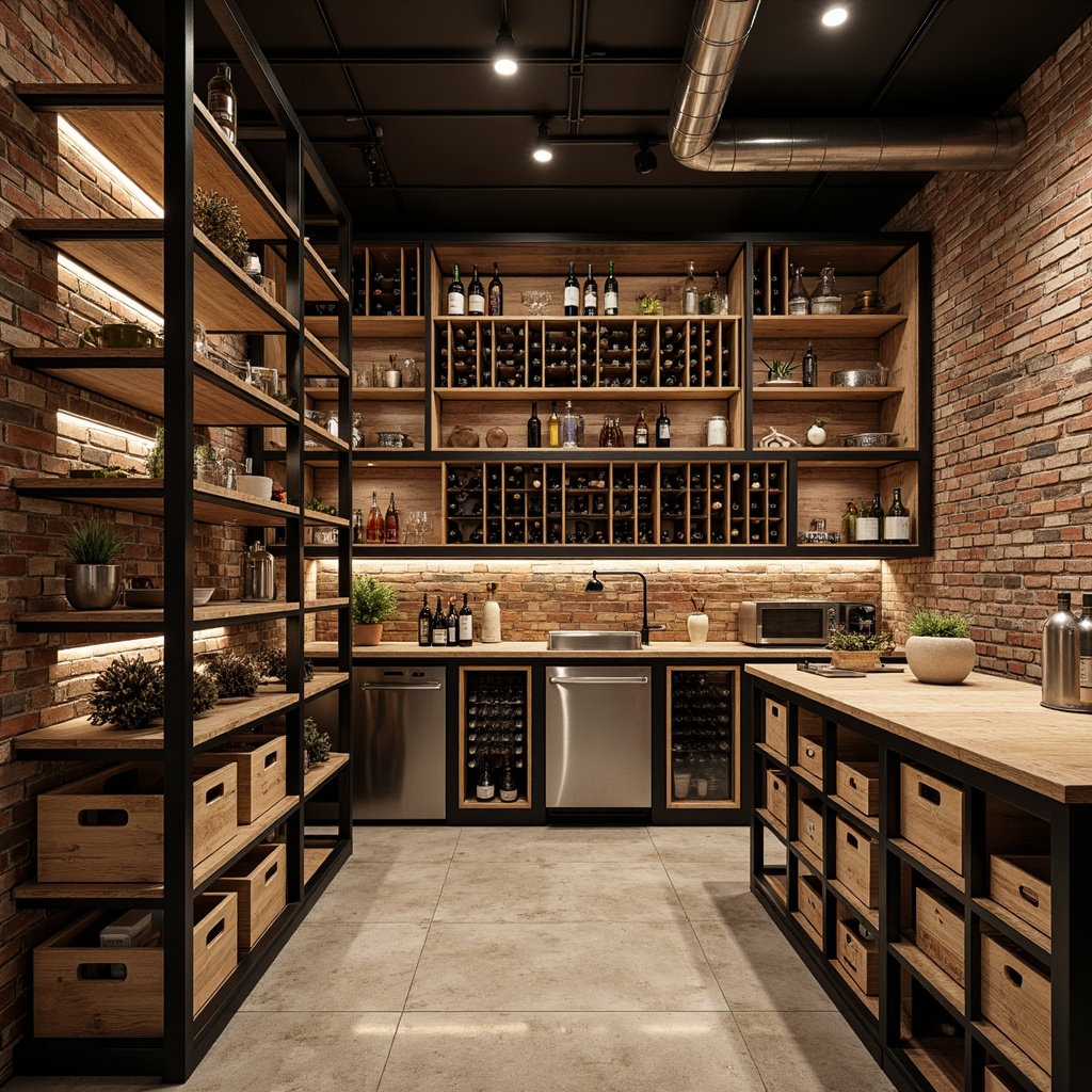 Prompt: Rustic industrial wine cellar, exposed brick walls, metal beams, reclaimed wood shelving, wooden crates, stainless steel wine racks, dimmable LED lighting, earthy tone color palette, distressed finishes, vintage decor accents, urban loft ambiance, open concept storage, modern minimalist design, sleek metal ladder, glass-enclosed wine display, climate-controlled environment, humidification system, temperature control panels, industrial-style pipes, concrete flooring, industrial-chic decor.