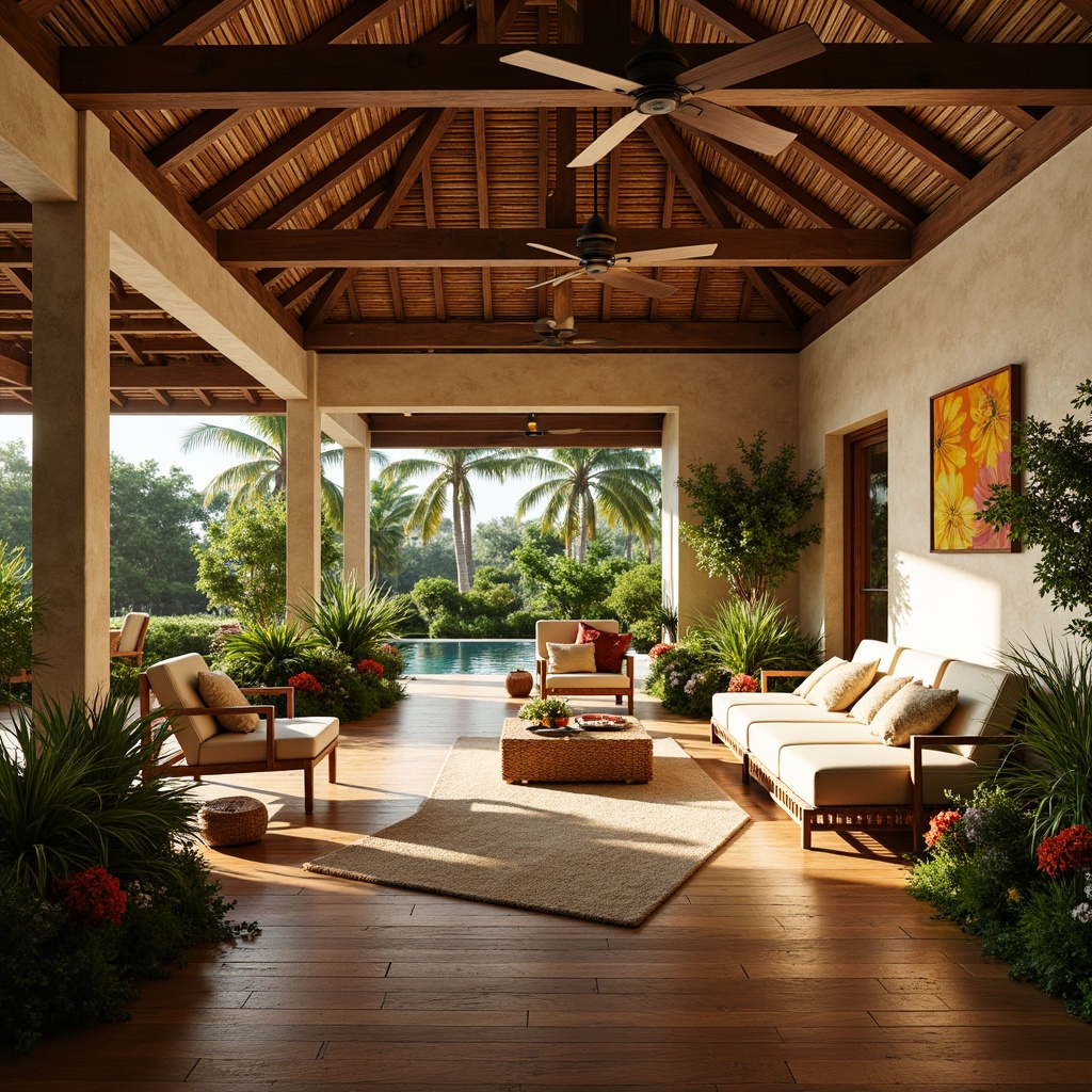 Prompt: Exotic island villa, polished wooden floors, woven rattan furniture, lush greenery, tropical plants, vibrant floral patterns, natural stone walls, reclaimed wood accents, bamboo ceiling fans, warm beige tones, soft golden lighting, shallow depth of field, 1/1 composition, realistic textures, ambient occlusion.