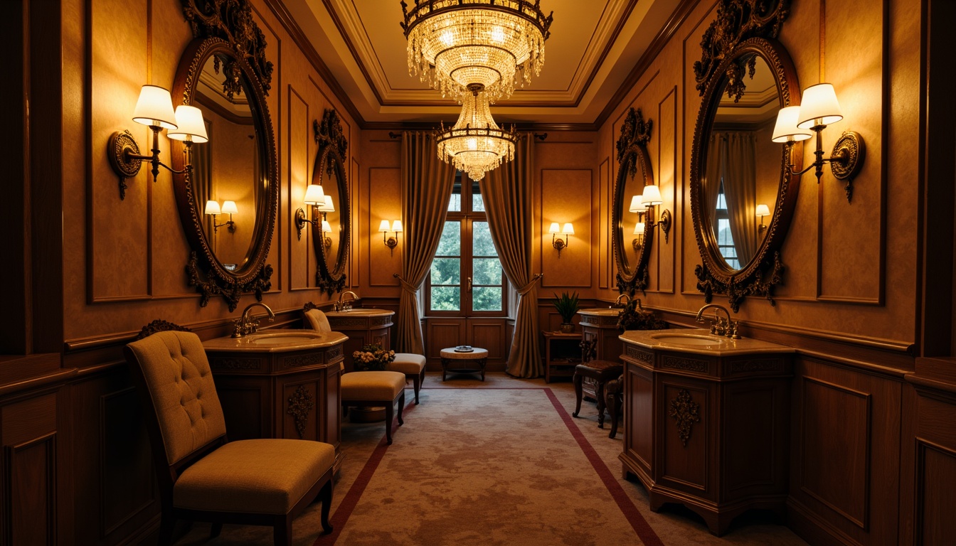 Prompt: Ornate powder room, soft golden lighting, crystal chandelier, delicate wall sconces, antique bronze fixtures, intricate etched metalwork, ornamental mirrors, lavish furnishings, velvet drapes, carved wooden paneling, subtle warm glow, low-key backlighting, 1/2 composition, intimate atmosphere, realistic reflections, ambient occlusion.