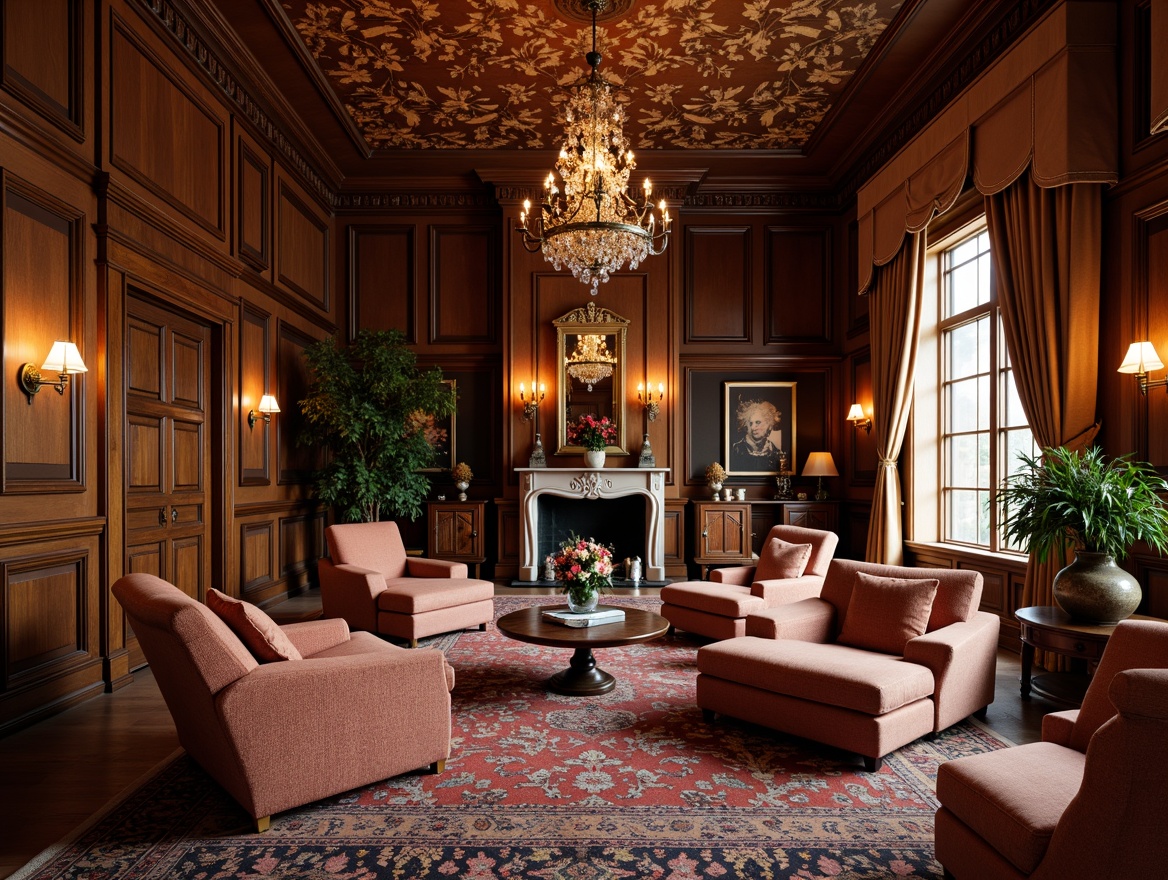 Prompt: Richly upholstered furniture, velvet drapes, ornate wooden paneling, grand chandeliers, intricate floral patterns, soft warm lighting, cozy fireplaces, plush area rugs, luxurious fabrics, sophisticated color palettes, elegant curves, refined lines, opulent textures, majestic high ceilings, stately architecture, vintage decorative accents, nostalgic ambiance, serene atmosphere, subtle shading, 1/1 composition, realistic reflections.