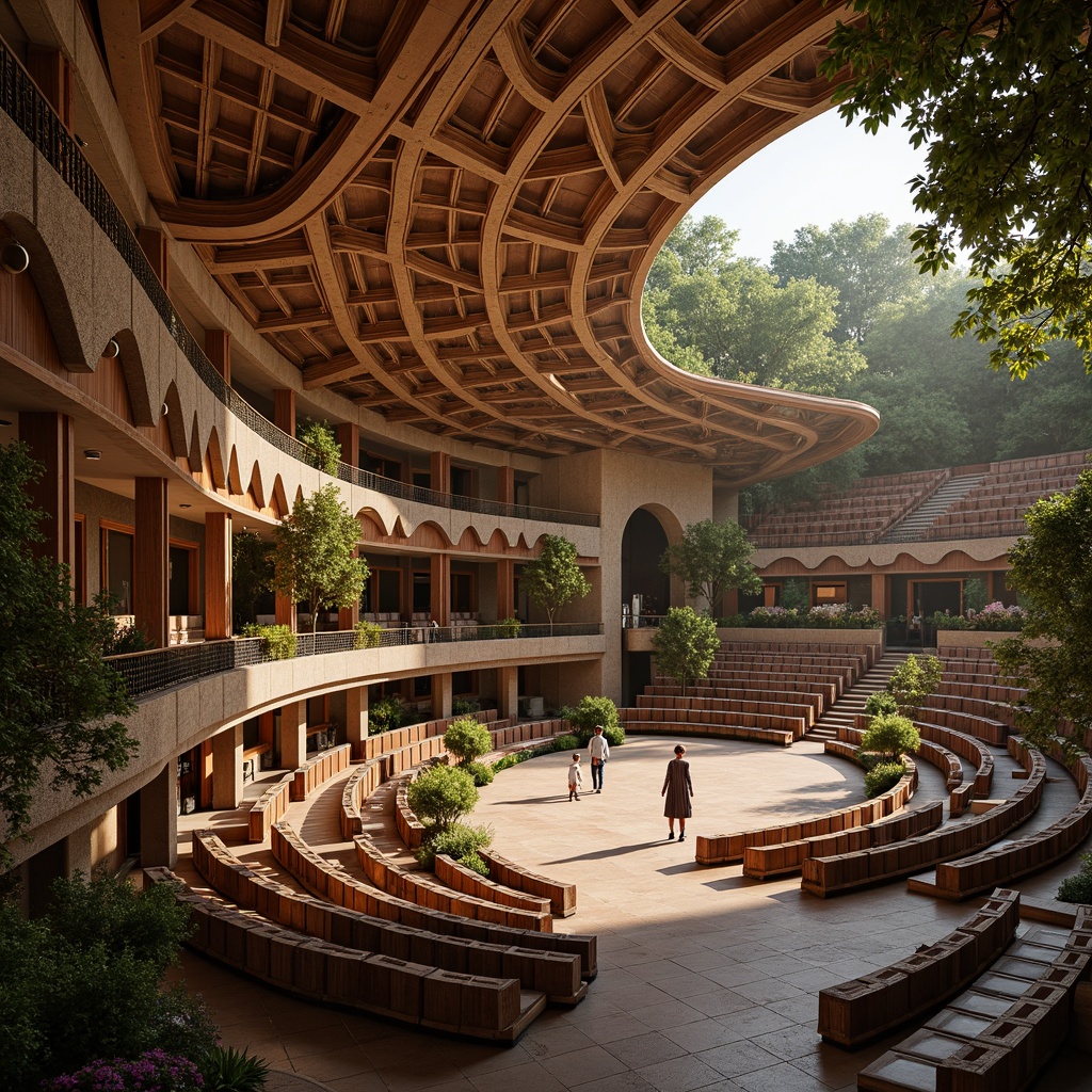 Prompt: Grandiose amphitheater, ornate Art Nouveau details, flowing curves, organic shapes, acoustic panels, wooden accents, soft warm lighting, intimate seating areas, curved staircases, elegant railings, natural stone walls, lush greenery, blooming flowers, tranquil atmosphere, shallow depth of field, 1/1 composition, panoramic view, realistic textures, ambient occlusion.