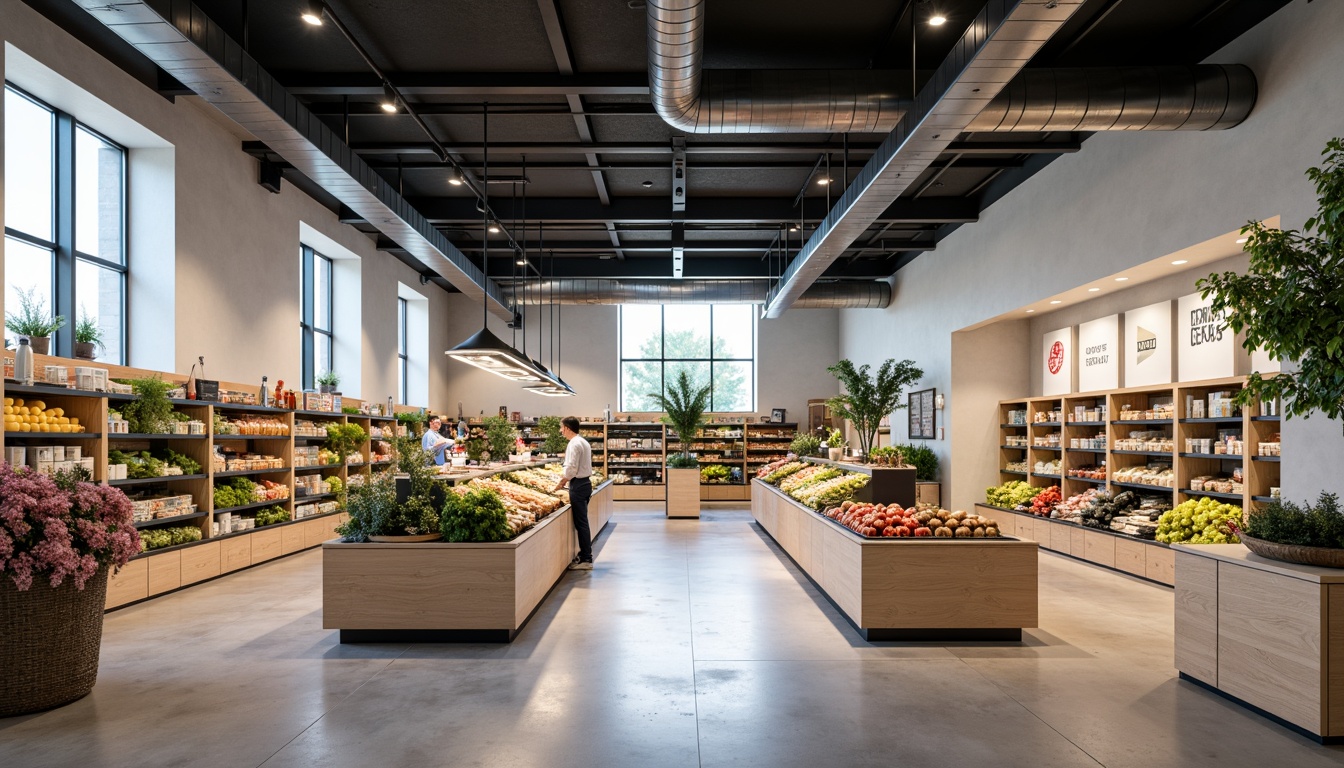 Prompt: Minimalist grocery store interior, clean lines, simple shelves, industrial chic decor, exposed ductwork, polished concrete floors, neutral color palette, subtle LED strip lighting, recessed ceiling lights, sleek track lighting, suspended linear fixtures, geometric pendant lamps, matte black metal accents, minimalist signage, abundant natural light, airy atmosphere, 1/1 composition, softbox lighting, ambient Occlusion.