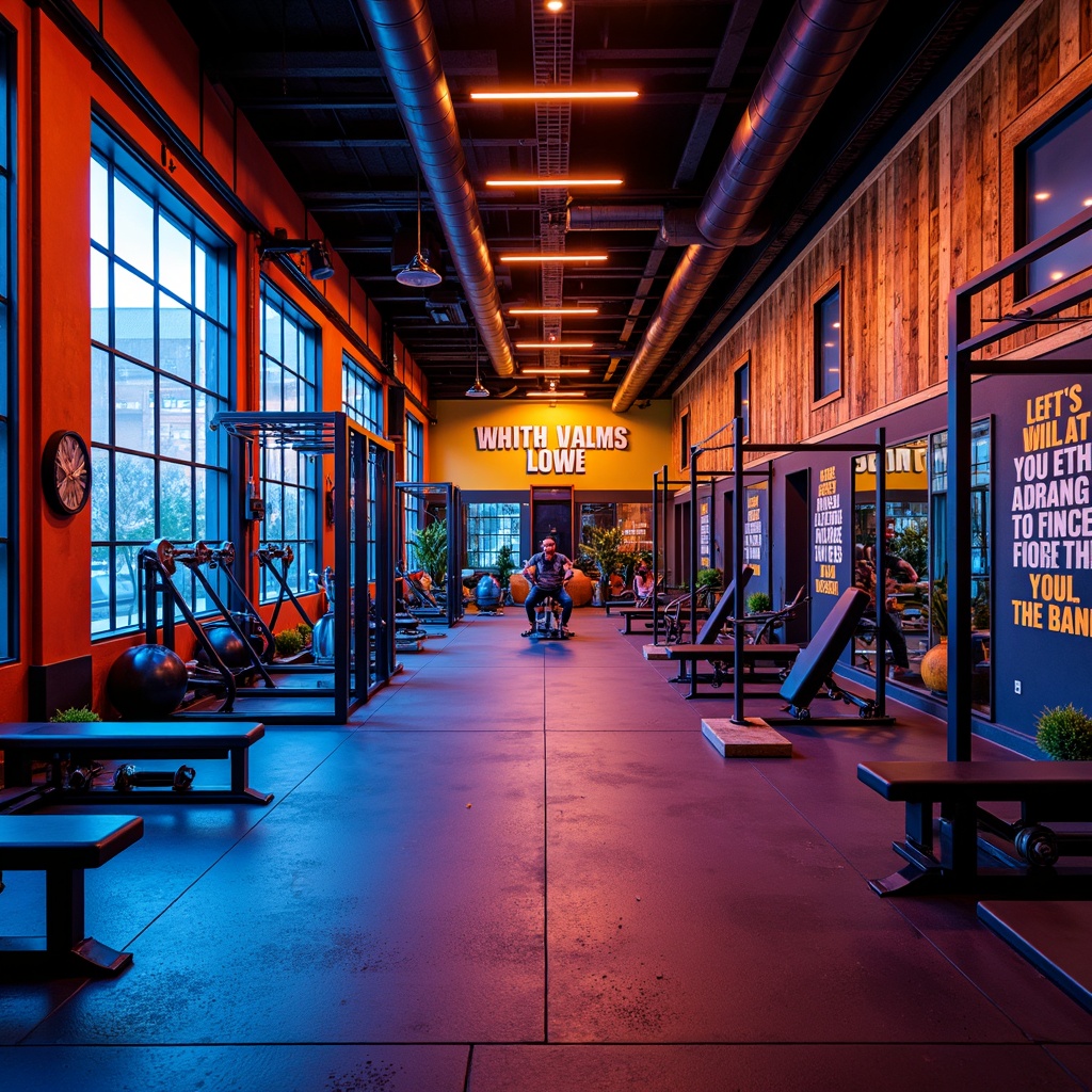 Prompt: Vibrant gym interior, bold color scheme, energetic atmosphere, motivational quotes, modern fitness equipment, sleek metal frames, rubber flooring, dynamic lighting, neon accents, industrial-chic decor, reclaimed wood accents, urban loft-style windows, athletic-inspired graphics, high-contrast colors, deep blues, fiery oranges, electric yellows, metallic silvers, intense reds, dramatic shadows, 1/2 composition, low-angle shot, warm and inviting ambiance.