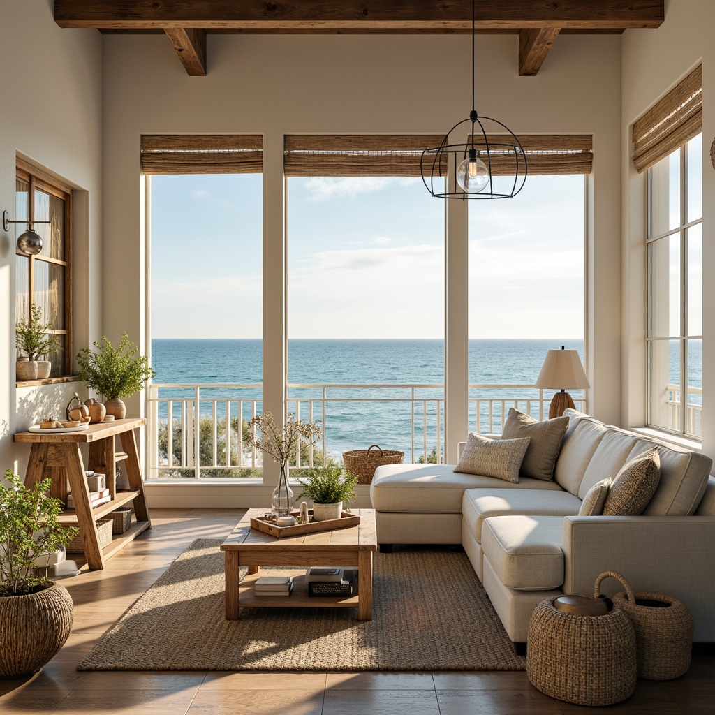 Prompt: Soft warm lighting, beachy ambiance, calming ocean views, driftwood accents, natural textiles, sea salt colors, weathered wood furniture, nautical decor, vintage marine artifacts, glass pendant lights, rustic metal fixtures, woven rattan shades, creamy white walls, plush area rugs, comfortable sectional sofas, refreshing blue hues, serene atmosphere, 1/1 composition, shallow depth of field, soft focus, warm glow.