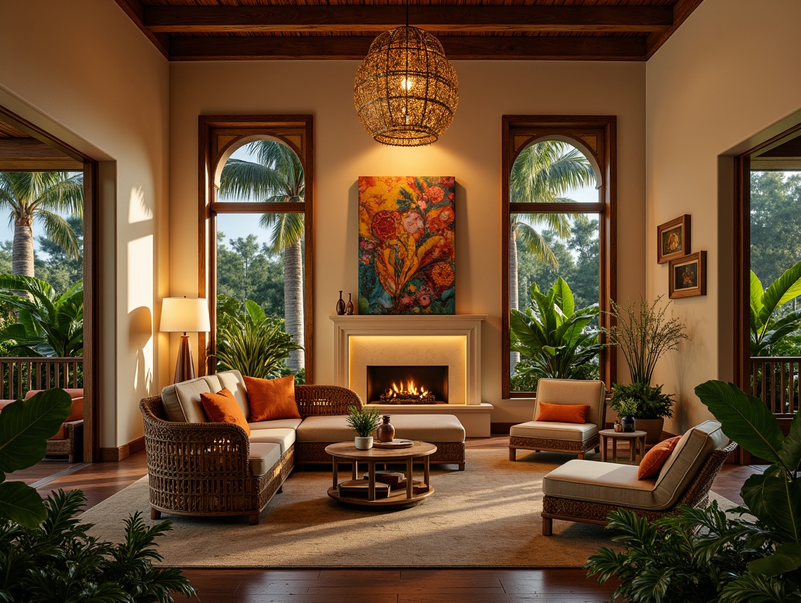 Prompt: Tropical living room, warm beige walls, rich wooden accents, lush greenery, exotic plants, natural fiber textiles, woven rattan furniture, soft golden lighting, table lamps, floor lamps, pendant lights, ambient glow, warm white illumination, subtle shadows, 1/1 composition, intimate atmosphere, cozy nooks, plush throw pillows, vibrant colorful artwork, ethnic-inspired patterns.