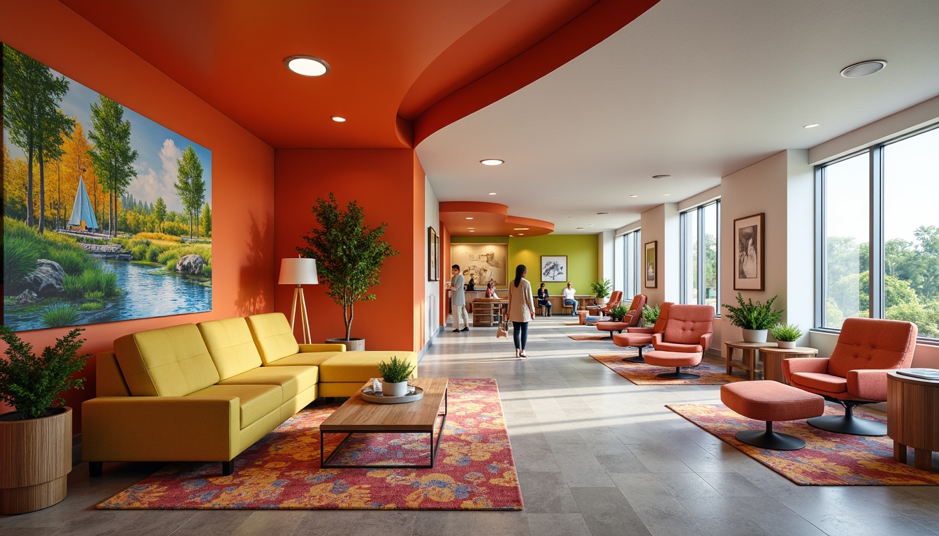 Prompt: Vibrant healthcare center, bold expressionist architecture, curved lines, irregular shapes, bright color scheme, comfortable seating areas, plush sofas, oversized armchairs, wooden coffee tables, metal frame chairs, colorful patterned rugs, natural stone floors, warm lighting fixtures, cozy waiting rooms, private consultation areas, minimal decorative elements, functional decor, patient-centric design, calming ambiance, soothing artwork, nature-inspired accents, organic textures, ergonomic furniture, adaptive technology integration, wheelchair-accessible spaces.