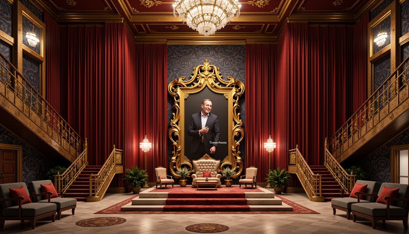 Prompt: Opulent throne room, rich velvet drapes, ornate golden frames, intricate carvings, lavish furnishings, crystal chandeliers, marble floors, grandiose staircases, regal tapestries, luxurious fabrics, bold color palette, dramatic lighting, 1/2 composition, shallow depth of field, warm soft focus, detailed textures, ambient occlusion.