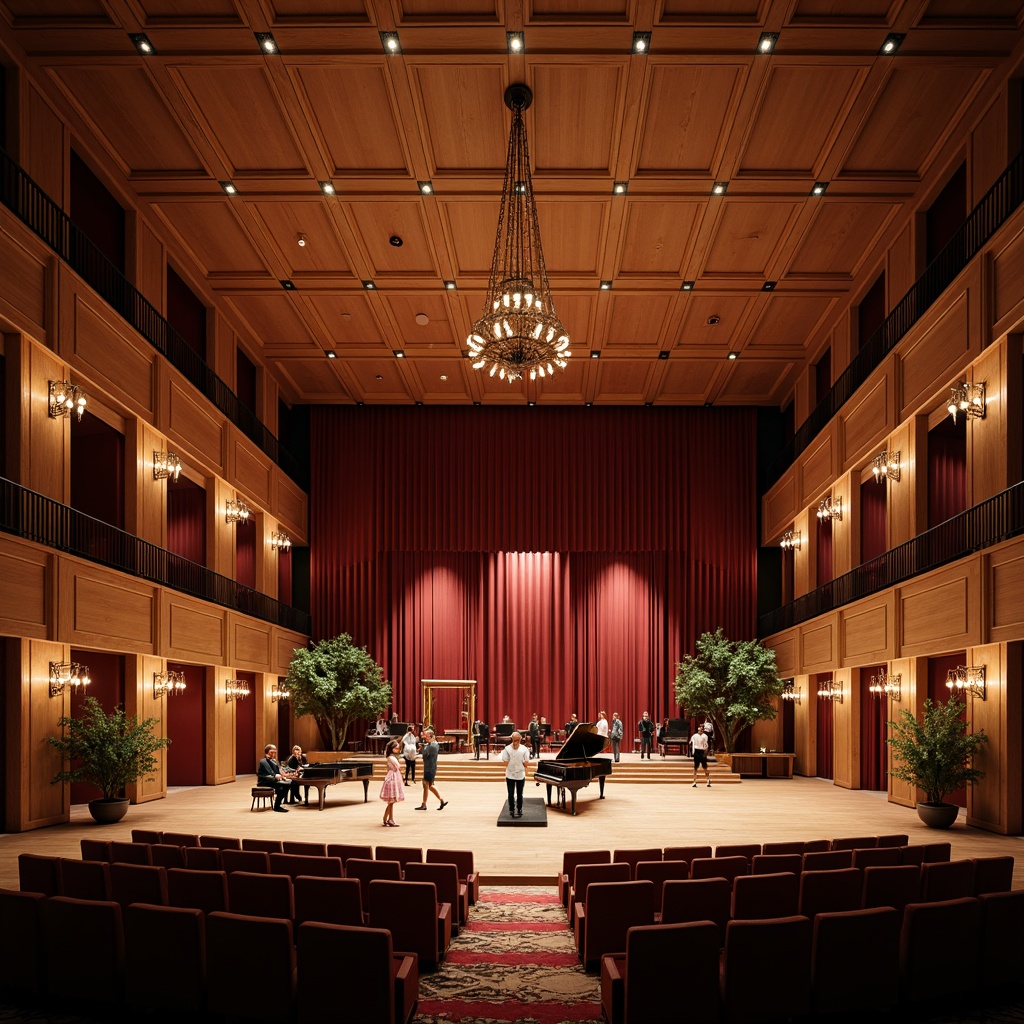 Prompt: Intimate concert hall, wooden paneling, warm ambient lighting, rich velvet curtains, ornate chandeliers, grand pianos, sound-absorbing materials, diffused natural light, tiered seating, classic architectural details, elegant balconies, refined wood tones, luxurious textiles, subtle color palette, 1/2 composition, soft focus, realistic renderings, detailed acoustic simulations.