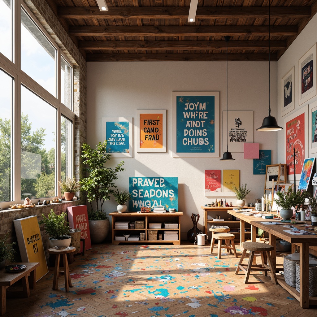 Prompt: Vibrant art studio, eclectic decor, bold brushstrokes, artistic supplies, paint-splattered tables, colorful canvases, inspiring quotes, natural wood floors, large windows, soft warm lighting, pastel color palette, rich textures, abstract patterns, expressive typography, dynamic composition, 3/4 aspect ratio, realistic rendering.