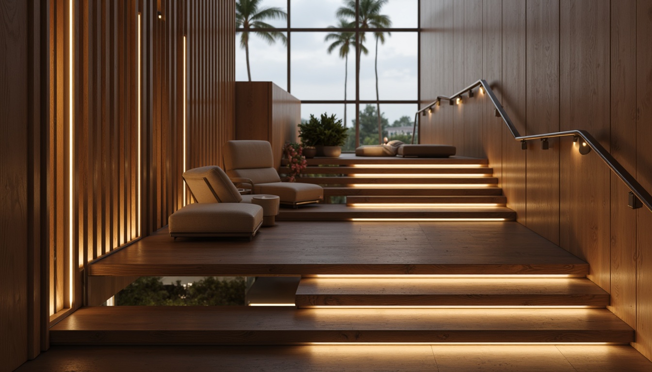 Prompt: Modern staircase design, floating treads, minimalist risers, sleek metal handrails, glass balustrades, open-riser construction, cantilevered steps, luxurious wood finishes, polished chrome accents, LED lighting strips, soft warm glow, shallow depth of field, 1/2 composition, realistic textures, ambient occlusion.