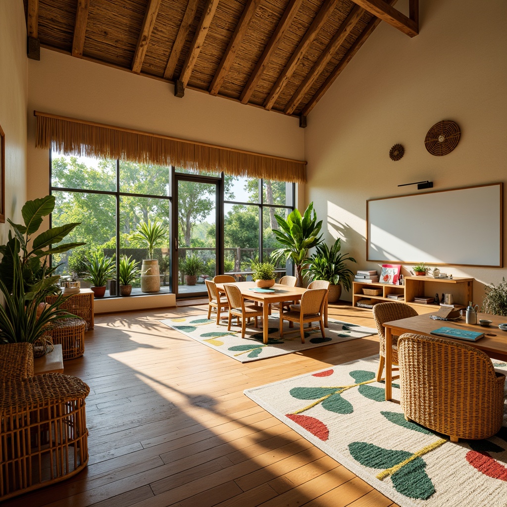 Prompt: Vibrant tropical classroom, rattan furniture, natural wood accents, woven bamboo chairs, colorful textiles, leaf-patterned rugs, warm beige walls, large windows, sliding glass doors, lush greenery views, sunny day, soft diffused lighting, 1/1 composition, realistic wood textures, ambient occlusion, educational decorations, interactive whiteboards, minimalistic design, breathable mesh materials, moisture-resistant coatings, cooling ventilation systems.