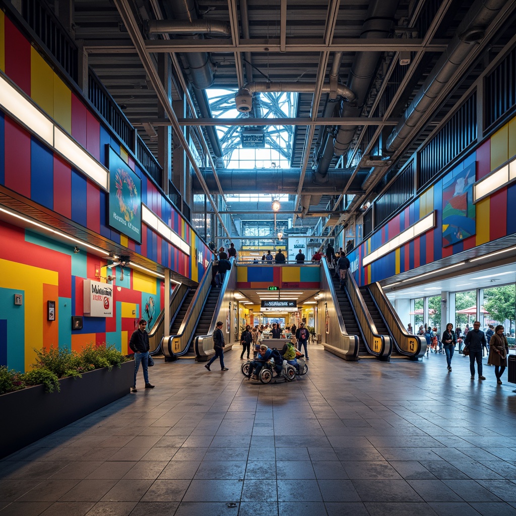 Prompt: Vibrant metro station interior, bold color accents, geometric patterned tiles, modern urban architecture, sleek steel beams, bright LED lighting, futuristic escalators, dynamic staircase design, industrial-chic concrete floors, metallic railings, colorful abstract artwork, urban jungle atmosphere, rush hour crowds, warm ambient glow, shallow depth of field, 1/2 composition, wide-angle lens, realistic reflections.