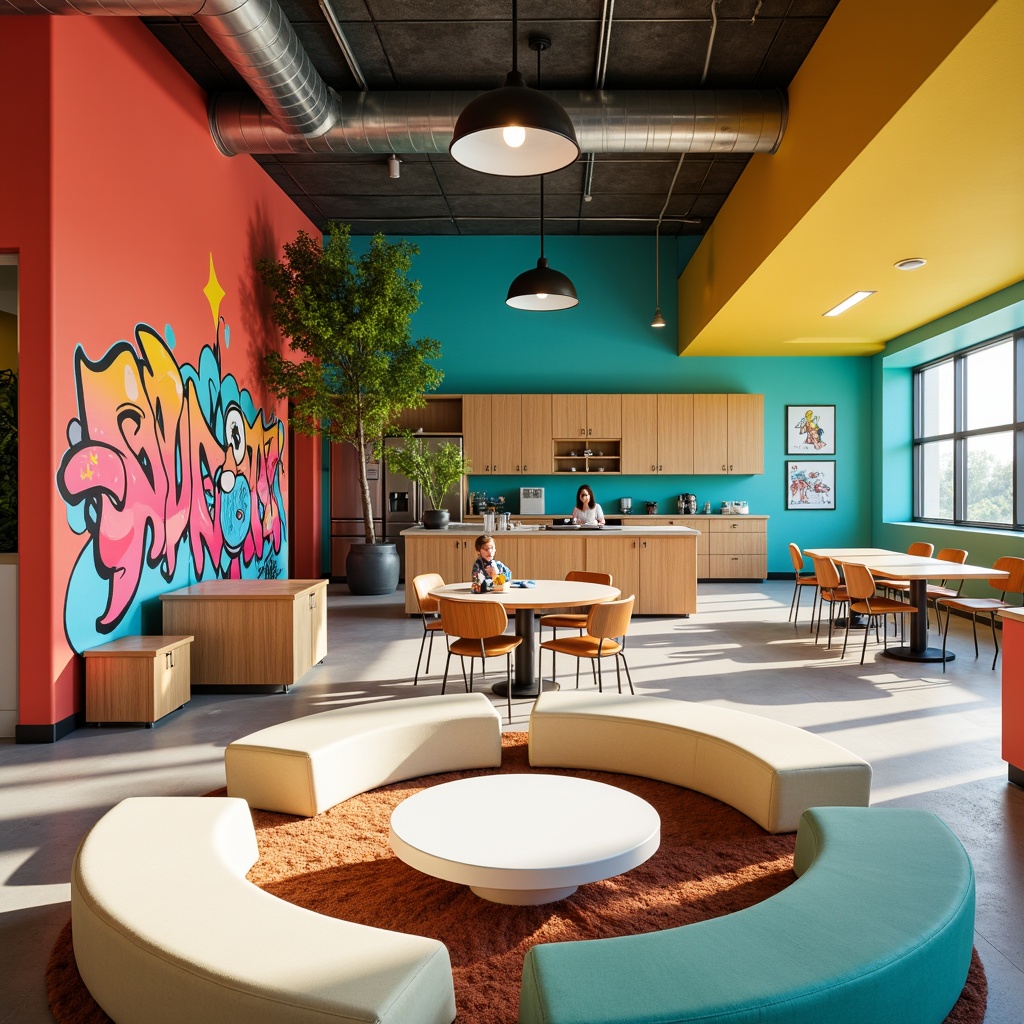 Prompt: Vibrant youth center, energetic atmosphere, playful color scheme, bright coral walls, lively turquoise accents, creamy white furniture, natural wood tones, bold yellow highlights, eclectic graffiti murals, urban street art vibe, industrial metal beams, exposed ductwork, modern LED lighting, dynamic angular shapes, abstract geometric patterns, youthful energy, afternoon sunlight, shallow depth of field, 2/3 composition.