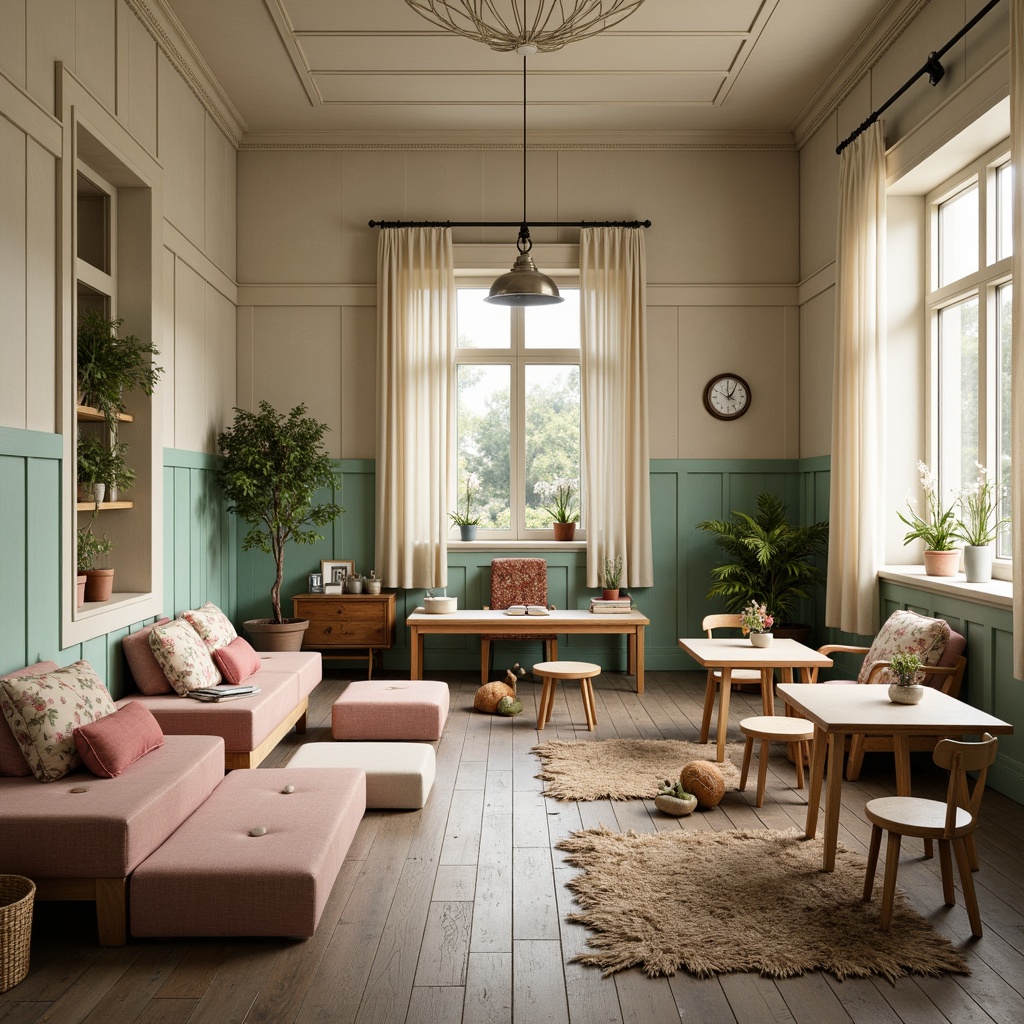 Prompt: Whimsical school interior, distressed wood accents, vintage furniture, soft pastel hues, creamy whites, warm beiges, gentle mint greens, blush pinks, rustic metal fixtures, ornate wooden doors, floral patterns, lace details, natural textiles, cozy reading nooks, plush area rugs, warm pendant lighting, soft focus photography, 1/1 composition, atmospheric perspective, dreamy ambiance.