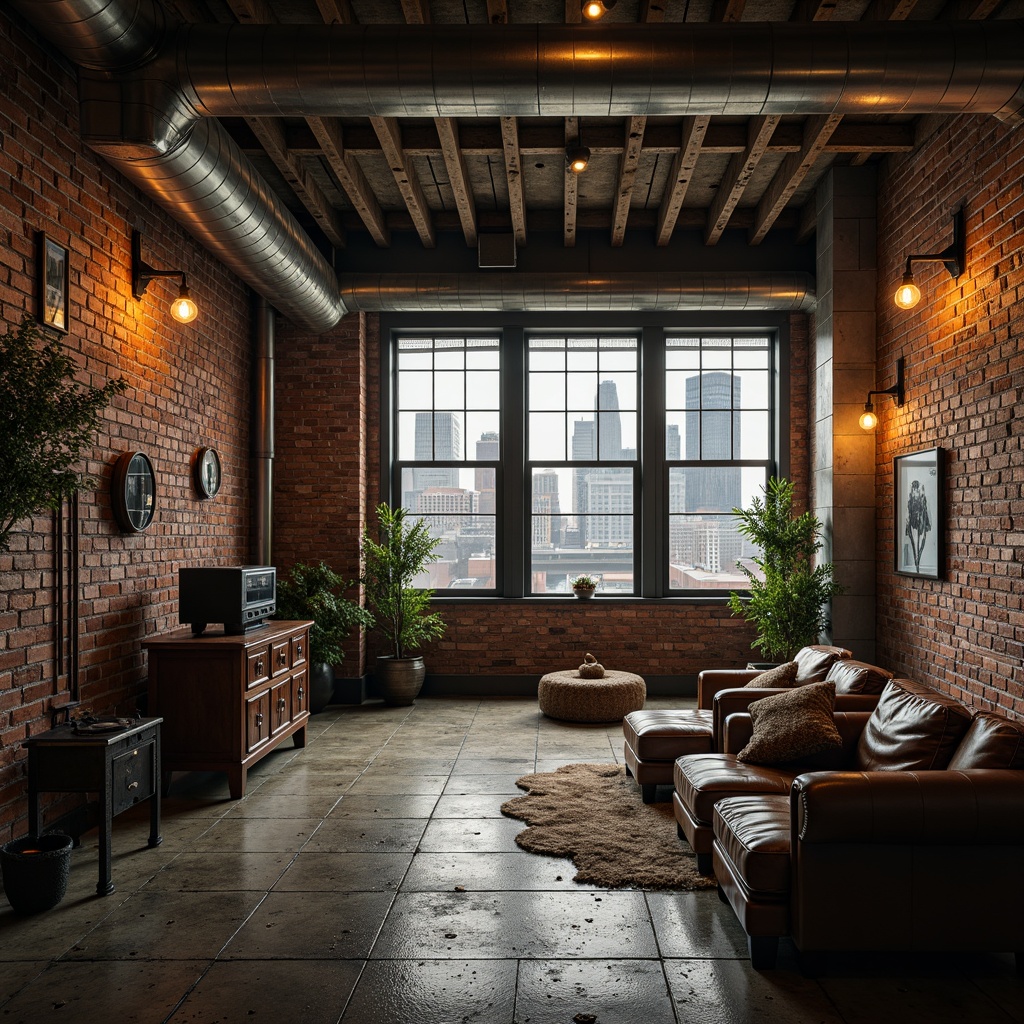 Prompt: Rustic industrial backdrop, distressed brick walls, metallic beams, exposed ductwork, reclaimed wood accents, vintage factory equipment, Edison bulb lighting, urban cityscape, gritty concrete floors, worn leather furniture, steel windows, industrial-chic decor, moody atmospheric lighting, shallow depth of field, 1/1 composition, realistic textures, ambient occlusion.