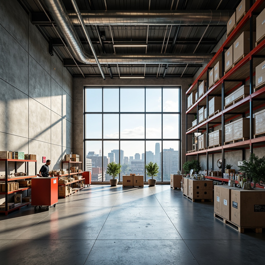 Prompt: Minimalist distribution center, open layout, industrial chic style, exposed ductwork, polished concrete floors, high ceilings, natural light pouring in, modern metal shelving units, sleek packaging machinery, colorful product displays, urban cityscape backdrop, sunny day, softbox lighting, shallow depth of field, 1/1 composition, panoramic view, realistic textures, ambient occlusion.