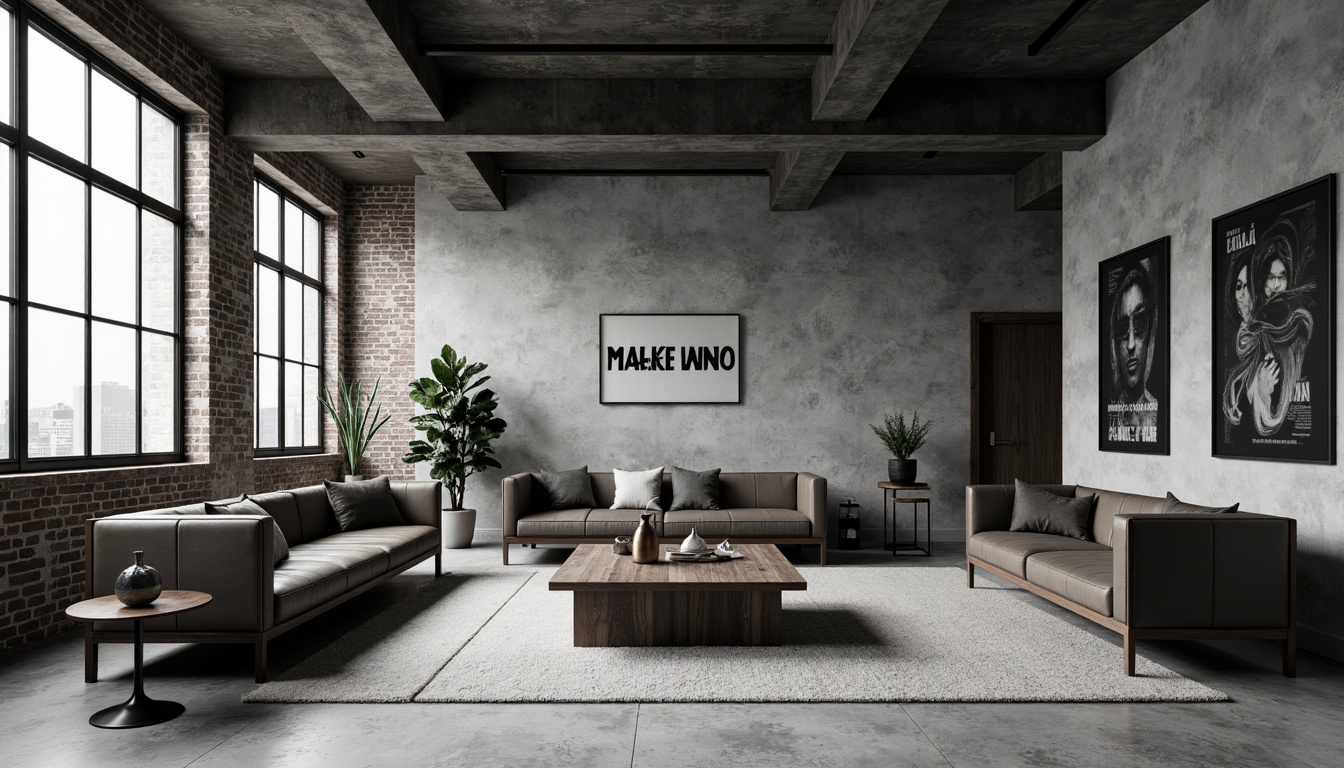 Prompt: Monochromatic color scheme, industrial materials, exposed brick walls, polished concrete floors, minimalist decor, geometric shapes, clean lines, functional furniture, metal accents, leather upholstery, rich wood tones, bold typography, graphic patterns, abstract artwork, natural light, dramatic shadows, high contrast ratio, 1/1 composition, sharp focus, realistic rendering.