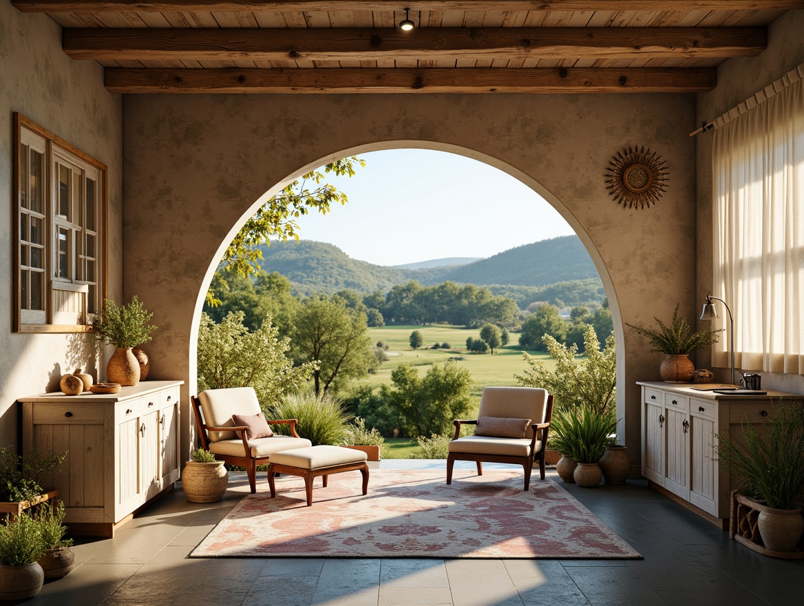 Prompt: Rustic farmhouse, ornate moldings, curved lines, floral patterns, soft pastel colors, distressed wood textures, vintage furniture, countryside landscape, rolling hills, lush greenery, blooming wildflowers, sunny afternoon, warm golden lighting, shallow depth of field, 1/2 composition, realistic rendering, ambient occlusion, subtle camera movement.