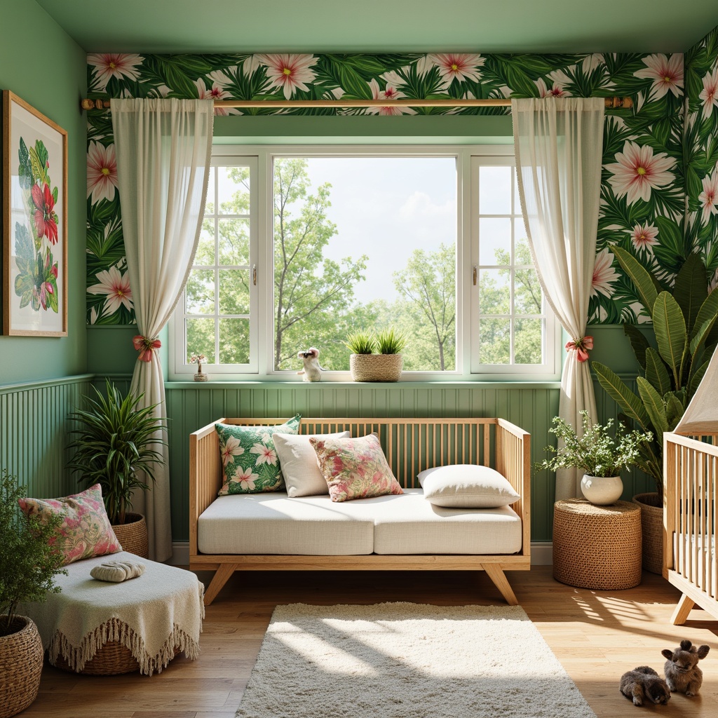 Prompt: Vibrant tropical baby room, lush green walls, exotic floral patterns, soft cotton fabrics, gentle pastel hues, whimsical jungle creatures, colorful tassel trims, natural linen textures, woven wicker furniture, rattan cribs, wooden accents, warm sunny lighting, shallow depth of field, 1/2 composition, intimate focus, realistic fabric folds.